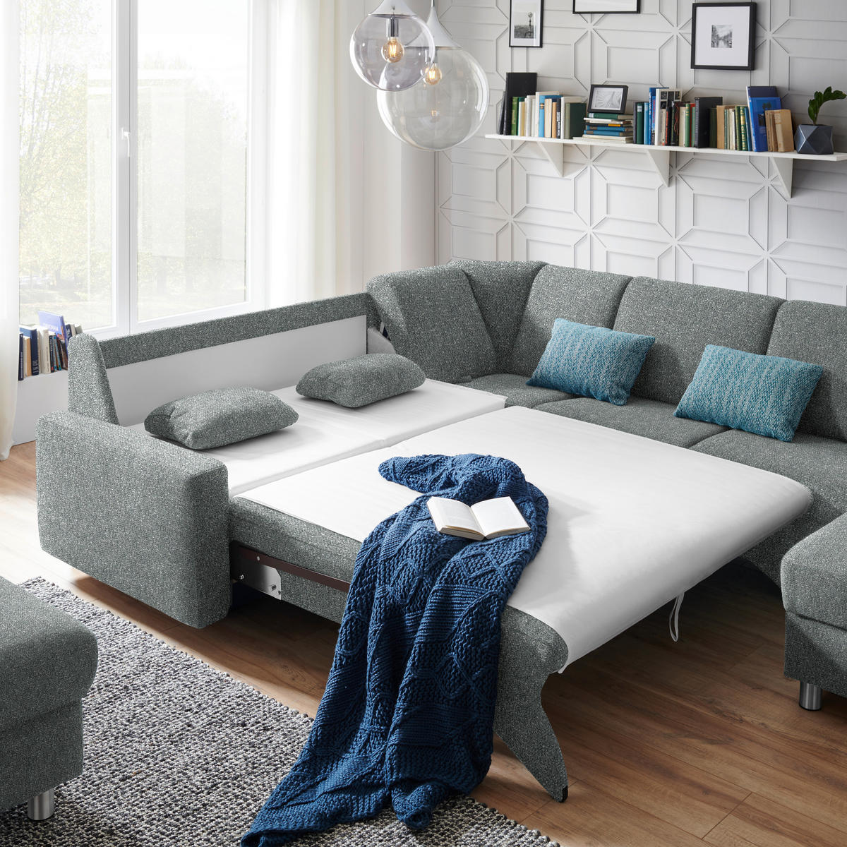 WOHNLANDSCHAFT  in Mikrovelours Graugrün  - Alufarben/Graugrün, KONVENTIONELL, Kunststoff/Textil (236/322/158cm) - Sedda