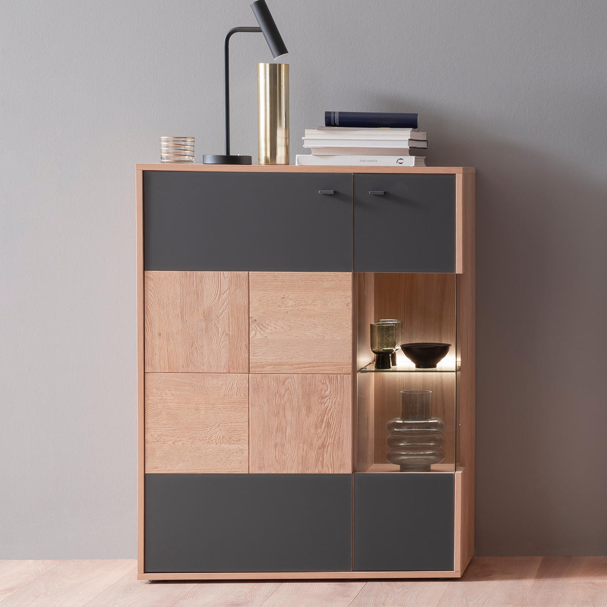 HYLLKOMBINATION  i antracit, ek Bianco  328/193/50 cm  - ek Bianco/svart, Design, metall/trämaterial (328/193/50cm) - MID.YOU