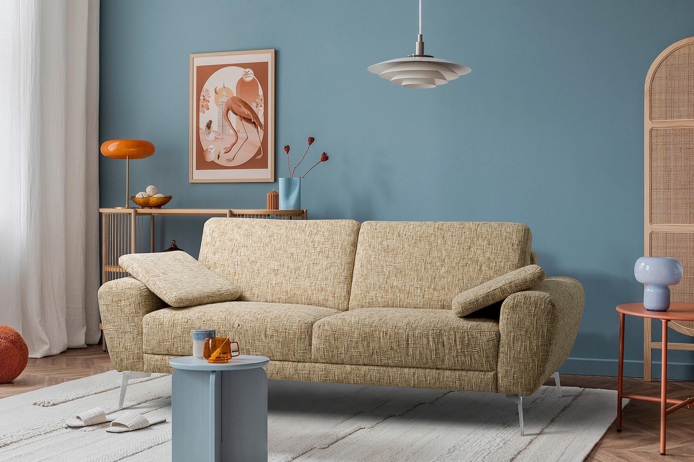 3-SITZER-SOFA SPRING Webstoff Hellbraun  - Chromfarben/Hellbraun, Design, Textil/Metall (187/85/92cm) - Livetastic