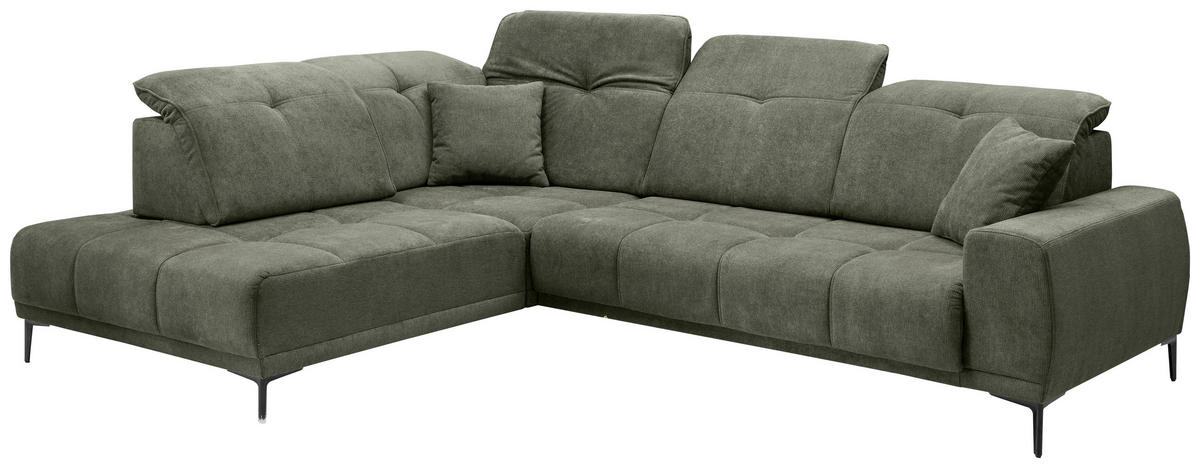 ECKSOFA NESTO Dunkelgrün Chenille Zierkissen, Kopfteilverstellung, Sitzvorzug  - Dunkelgrün/Schwarz, Basics, Textil/Metall (232/305cm) - Livetastic