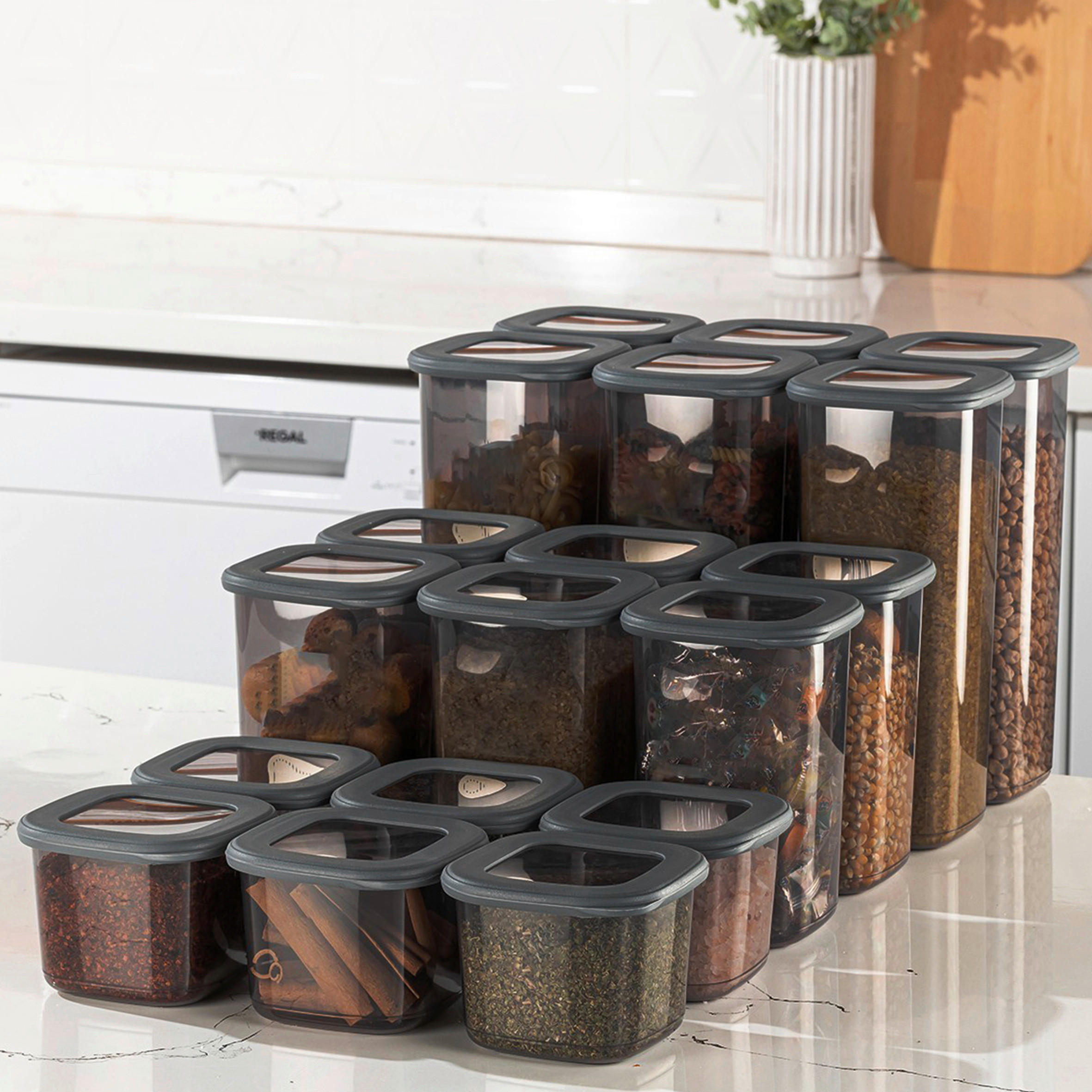 VORRATSDOSENSET 18-teilig  - Transparent/Anthrazit, Basics, Kunststoff (10/10/9,5cm) - P & B