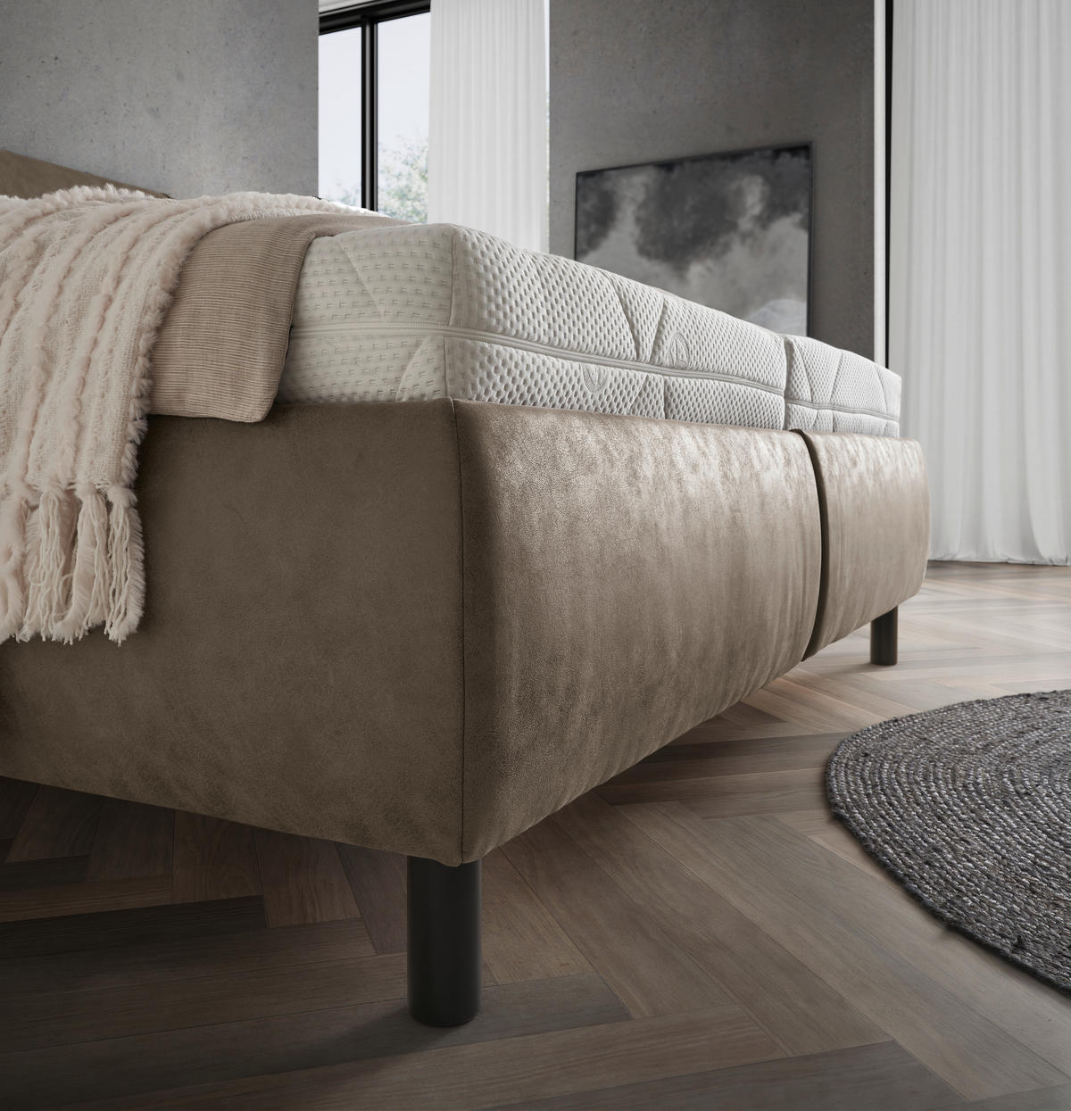 POLSTERBETT 180/200 cm,  in Graubraun, Matratze, gepolstertes Kopfteil, unterschiedliche Matratzenhärtegrade je Bettseite, H3 + H4 = fest + sehr fest  - Weiss/Graubraun, Konventionell, Holz/Holzwerkstoff (180/200cm) - Dieter Knoll