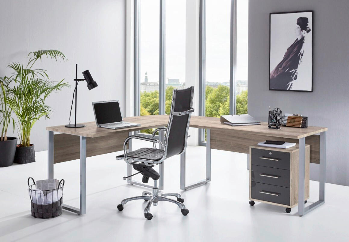 BÜRO erweiterbar, in verschiedenen Holz-Dekoren erhältlich, Schreibtisch seitenverkehrt montierbar, abschließbar Sonoma Eiche, Anthrazit Hochglanz - Anthrazit Hochglanz/Sonoma Eiche, MODERN, Holzwerkstoff - MID.YOU