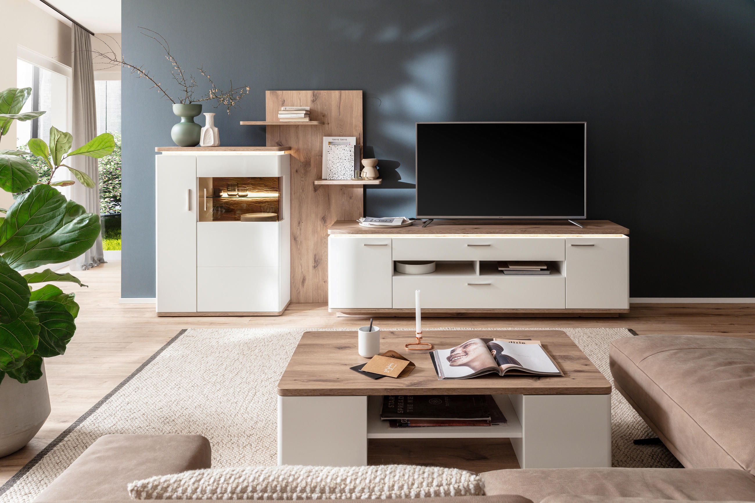 WOHNWAND Tbilisi 3-teilig  in Weiß, Eichefarben  305/168/50 cm  - Eichefarben/Weiß, Design, Glas/Holzwerkstoff (305/168/50cm) - Livetastic