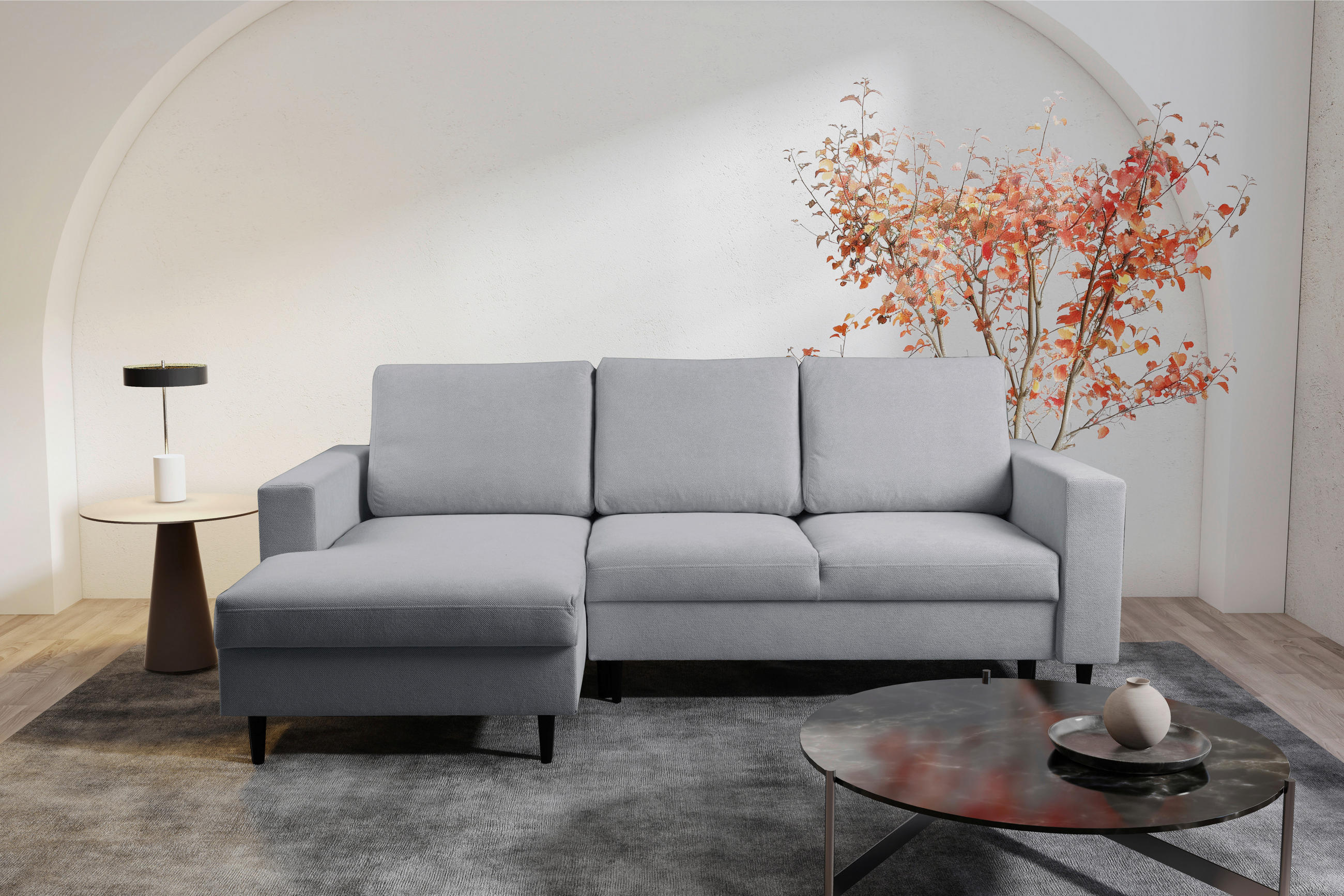 ECKSOFA Hellgrau Struktur  - Hellgrau/Schwarz, MODERN, Holz/Kunststoff (145/230cm) - MID.YOU