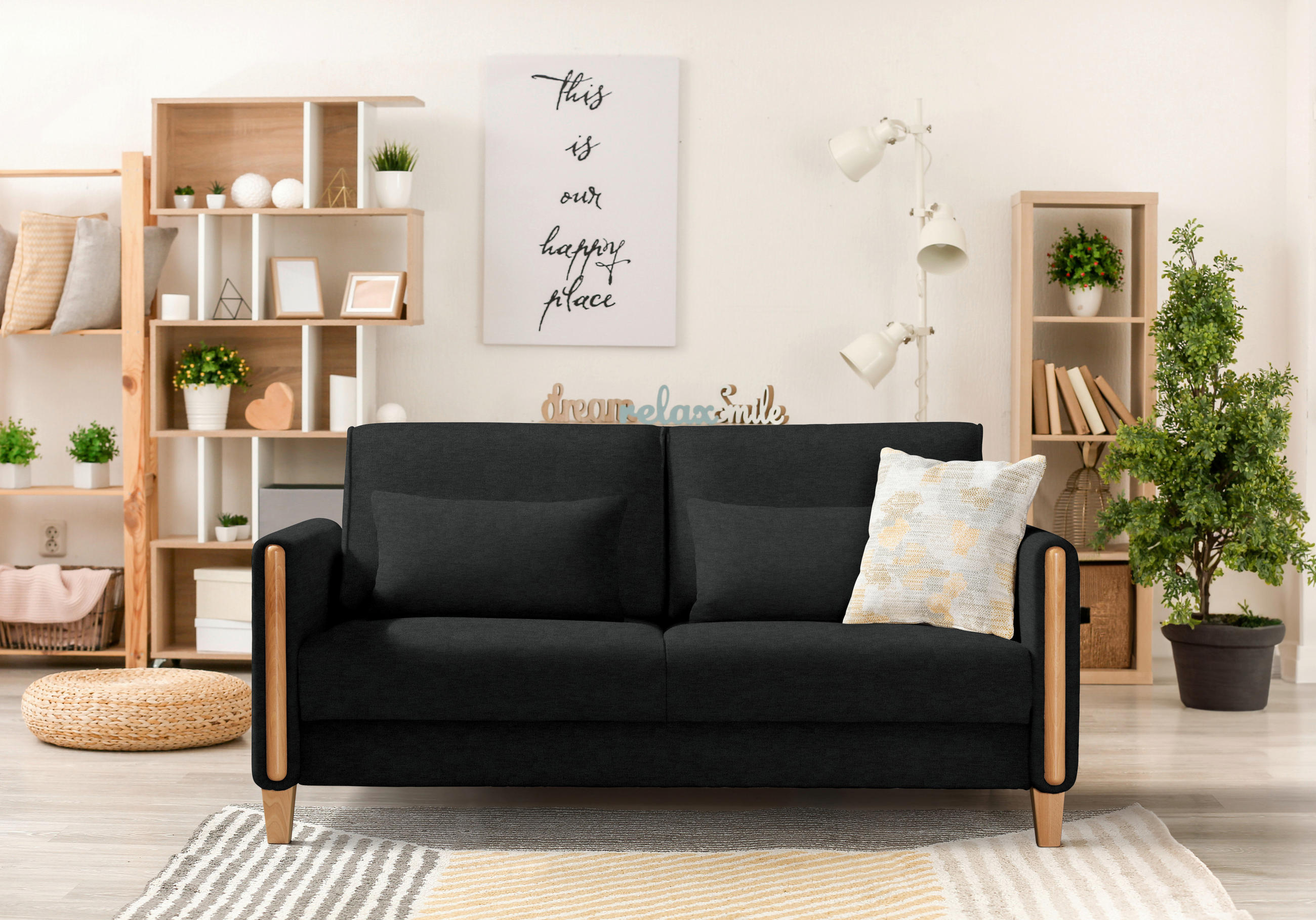 SCHLAFSOFA in Holz, Textil Schwarz, Buchefarben  - Buchefarben/Schwarz, Design, Holz/Textil (174/88/104cm) - Niels Andersson