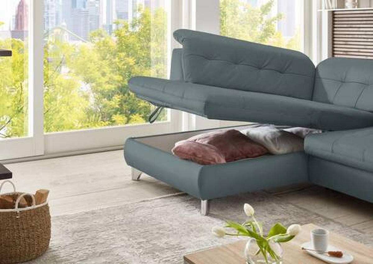 ECKSOFA in Echtleder Blaugrau  211/309 cm  - Blaugrau, Basics, Leder/Metall (211/309cm) - Beldomo Speed