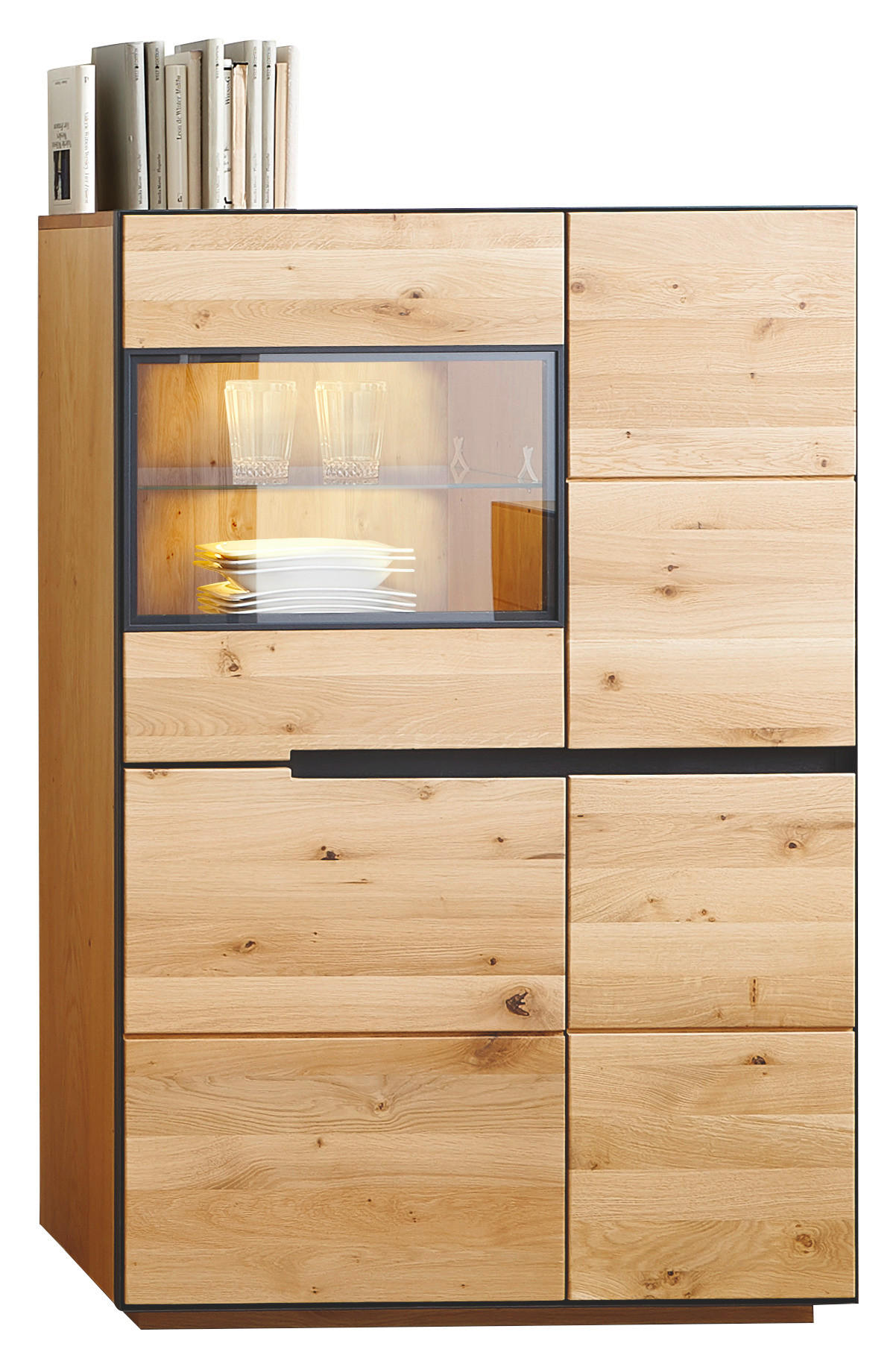 HIGHBOARD Eiche furniert, massiv Anthrazit, Eichefarben - Eichefarben/Anthrazit, Natur, Glas/Holz (89/136/38cm) - Linea Natura