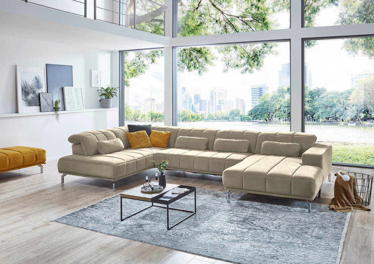 WOHNLANDSCHAFT in Velours Creme, Naturfarben  - Creme/Schwarz, Design, Textil/Metall (219/383/195cm) - Beldomo Style