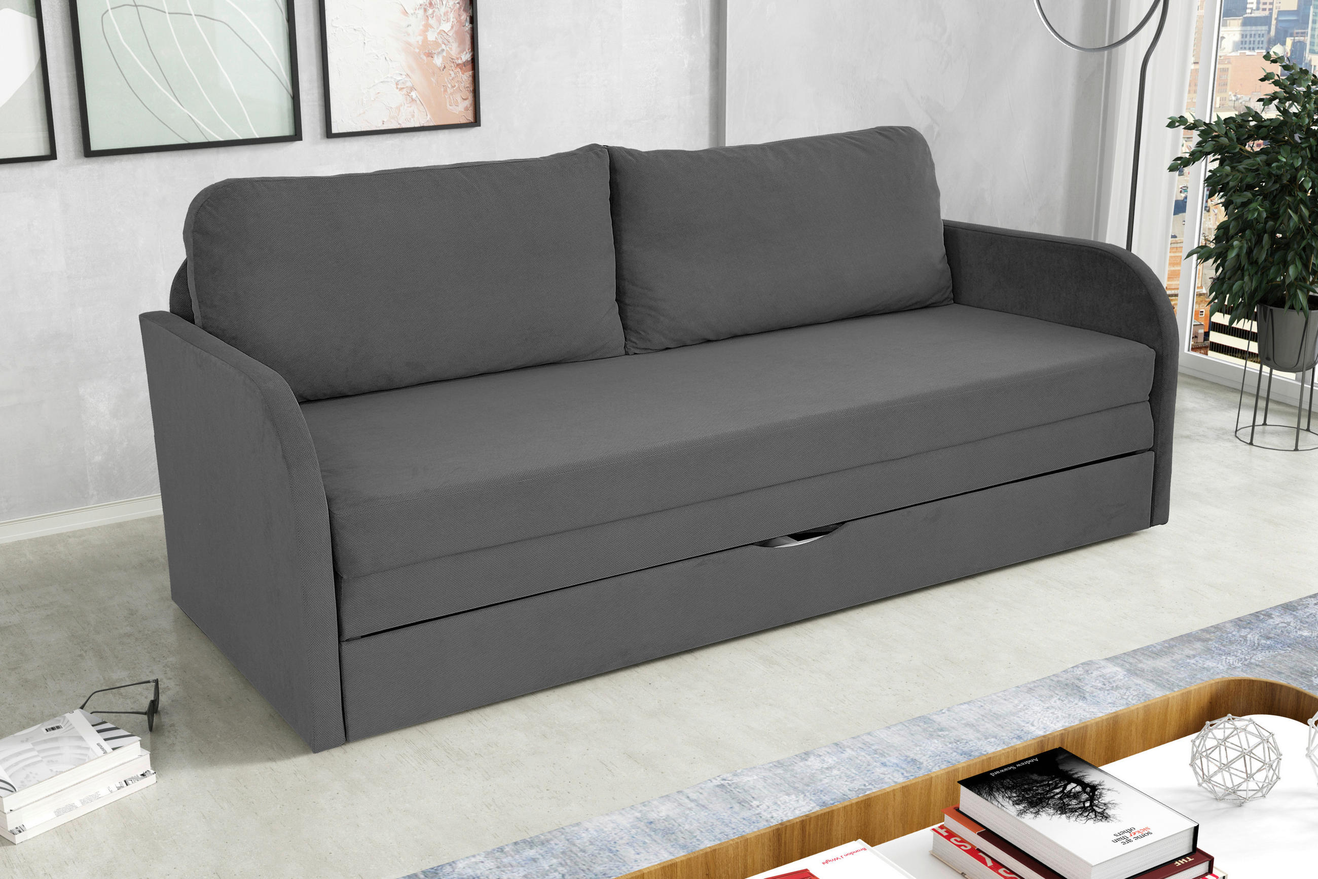 SCHLAFSOFA in Flachgewebe Dunkelgrau  - Dunkelgrau/Schwarz, Design, Kunststoff/Textil (203/77/86cm) - MID.YOU