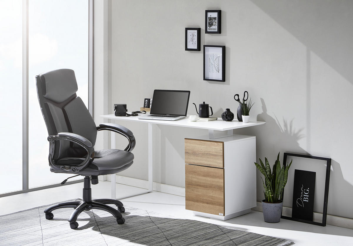 ÍRÓASZTAL  - tölgyfa/fehér, Design, faalapú anyag/fém (140/60/76cm) - Hom`in