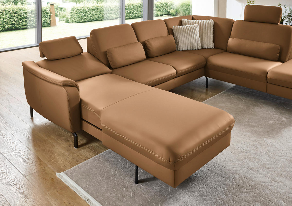 WOHNLANDSCHAFT Echtleder Hellbraun  - Hellbraun/Schwarz, Konventionell, Leder/Metall (168/306/224cm) - Beldomo Premium