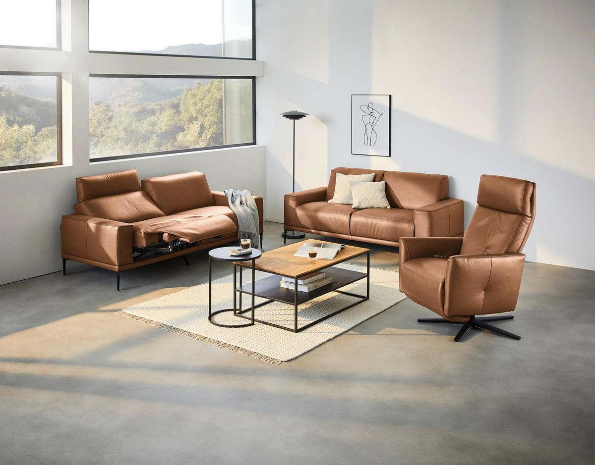 2,5-SITZER in Echtleder Cognac  - Cognac/Schwarz, Design, Leder/Metall (200/102/92cm) - Johann Jakob