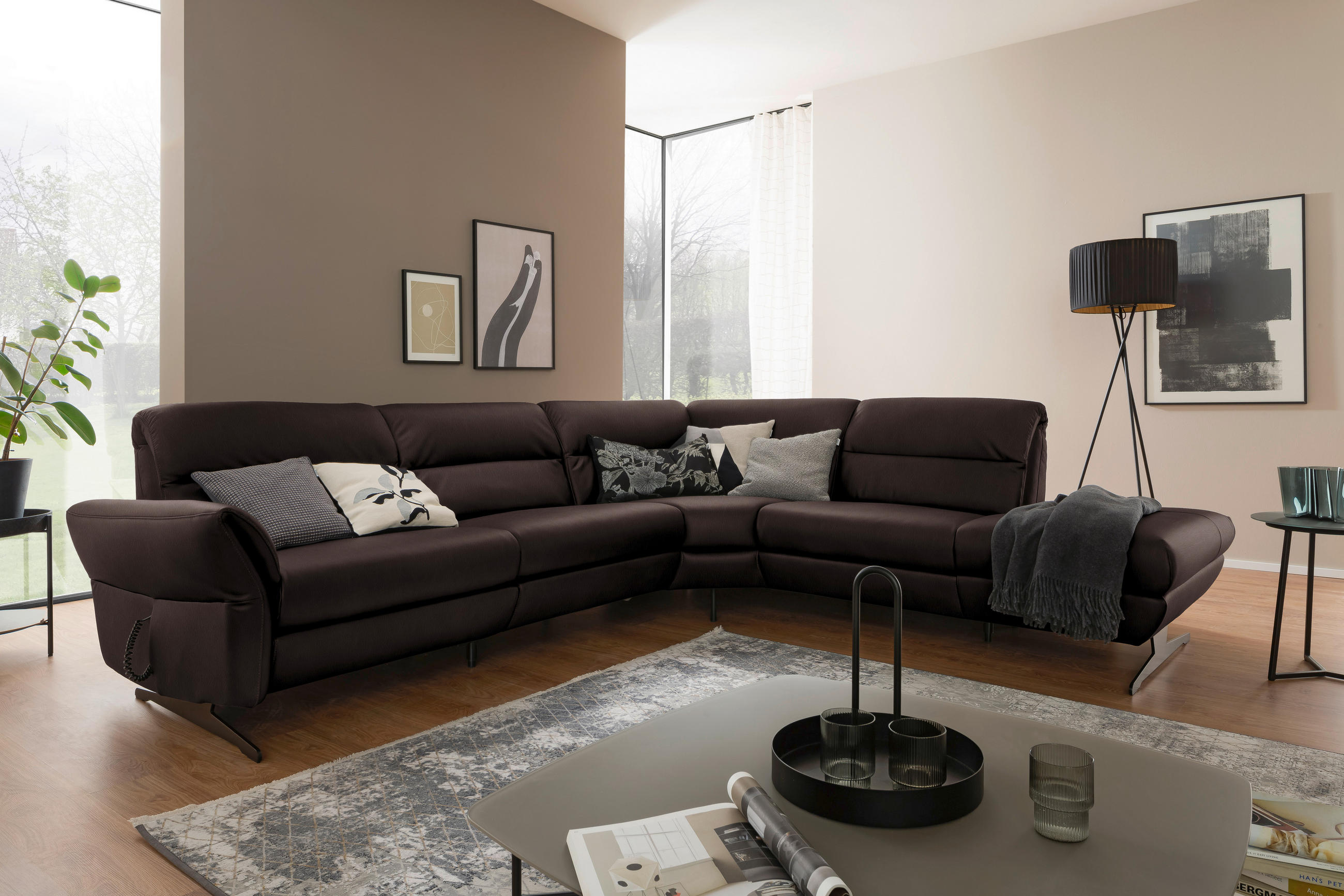 ECKSOFA Dunkelbraun Echtleder  - Dunkelbraun/Schwarz, Design, Leder/Metall (286/258cm) - Schöner Wohnen