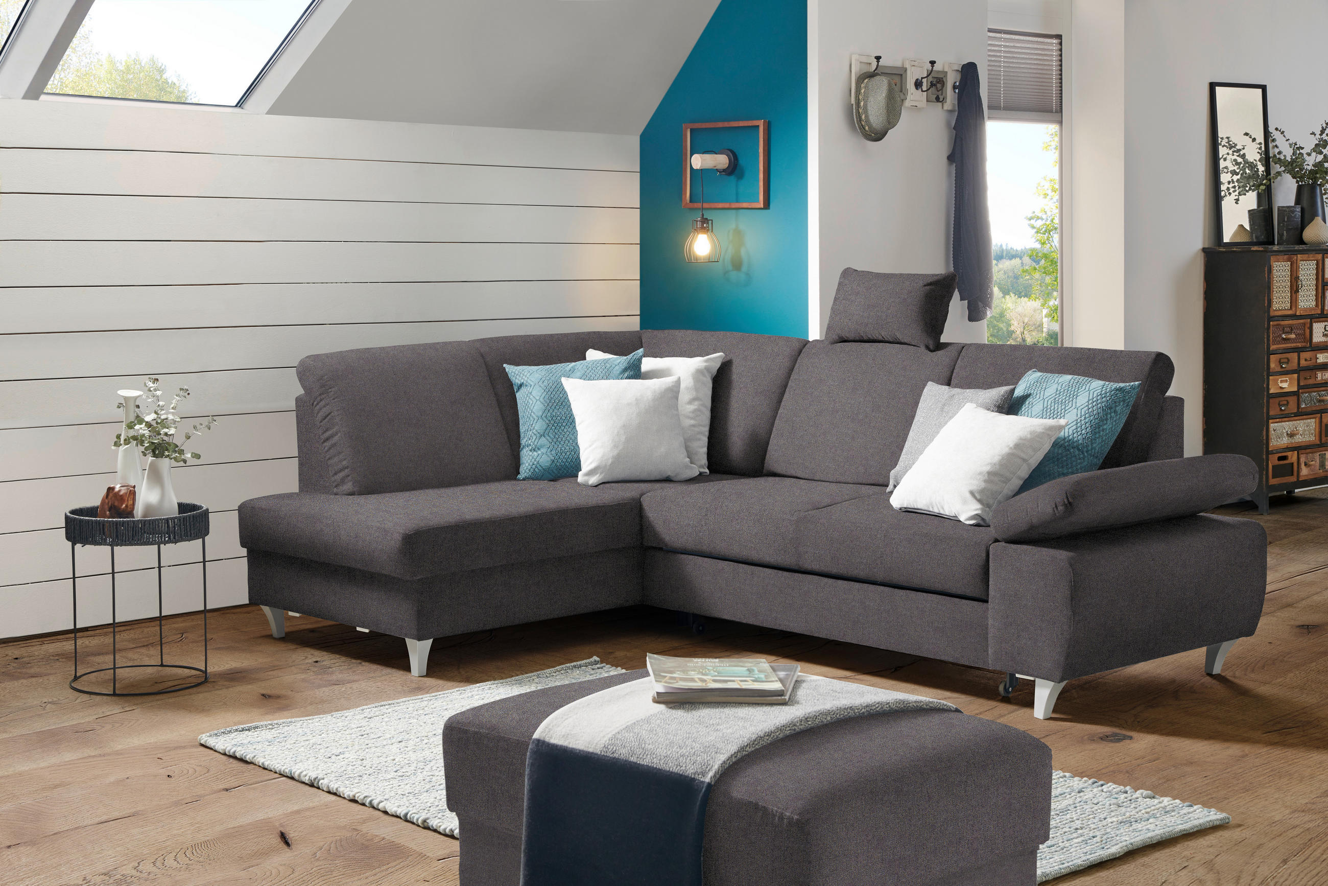 ECKSOFA in Flachgewebe Graubraun  - Graubraun/Silberfarben, Konventionell, Holz/Textil (186/255cm) - Cantus