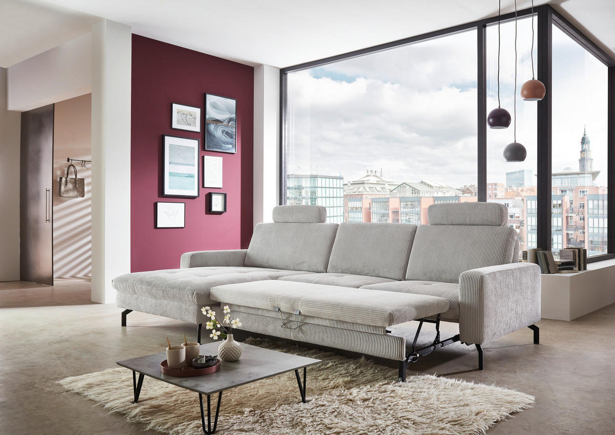 ECKSOFA in Cord Grau  - Schwarz/Grau, Design, Textil/Metall (178/302cm) - Beldomo Style