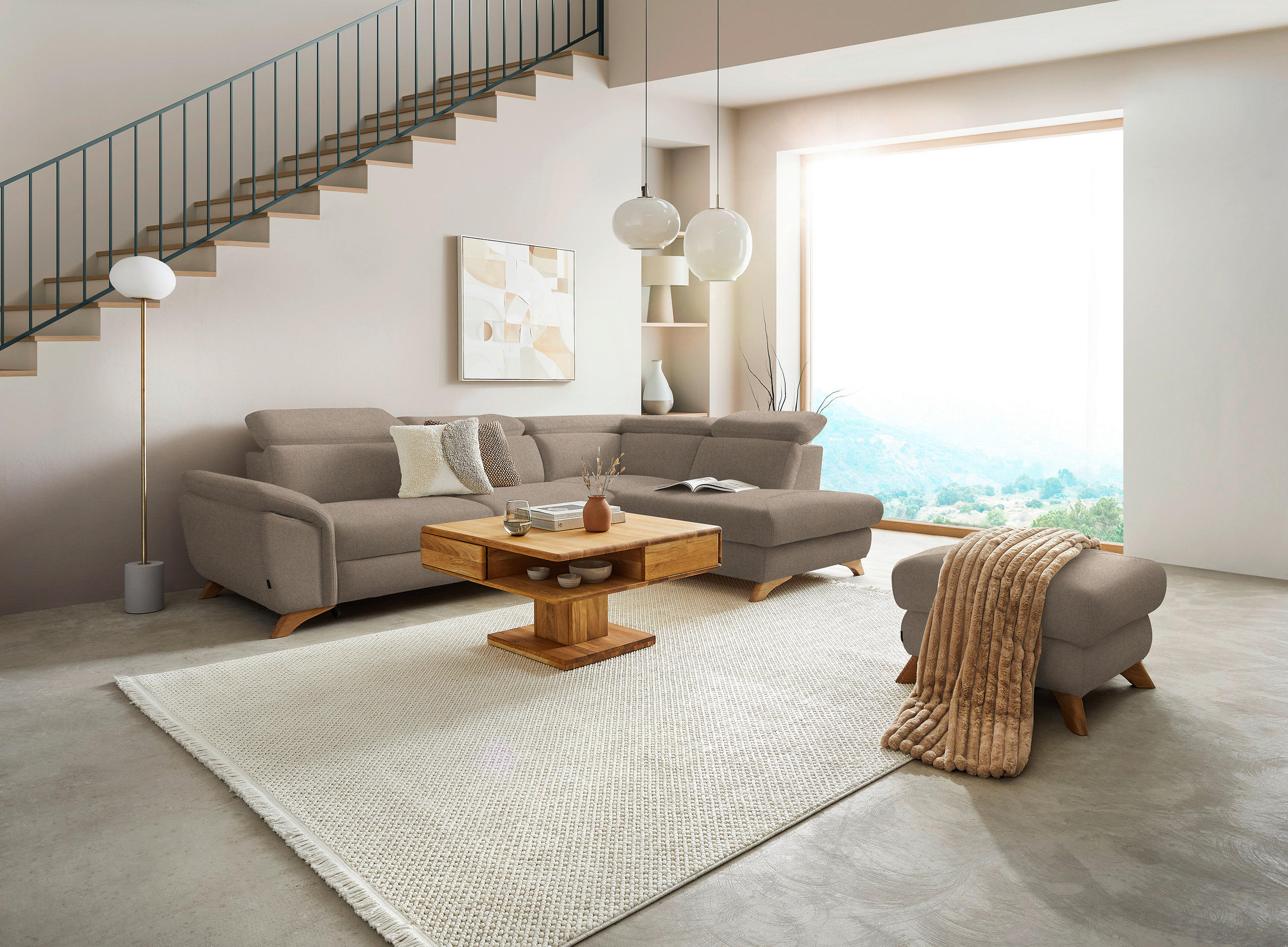 ECKSOFA in Flachgewebe Beige  - Eichefarben/Beige, Modern, Holz/Textil (287/212cm) - Valnatura