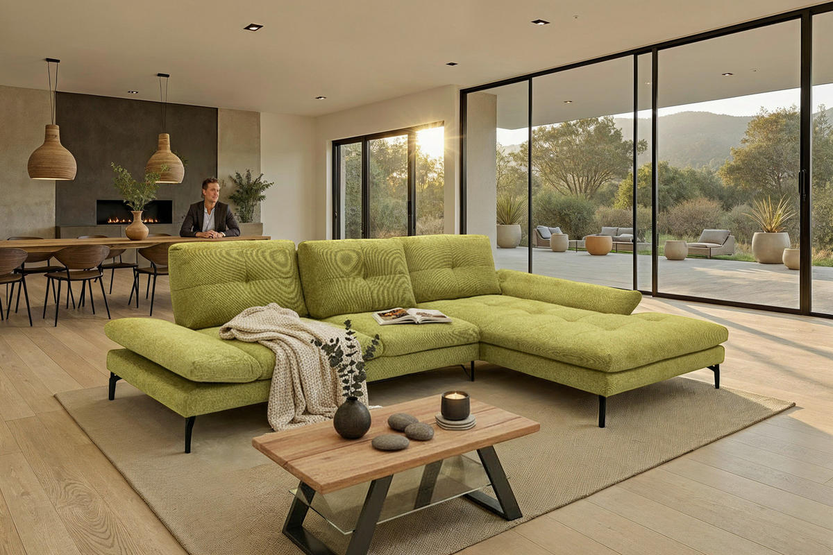 ECKSOFA Hellgelb Struktur Rücken echt  - Hellgelb/Schwarz, Design, Textil/Metall (340/203cm) - Chilliano