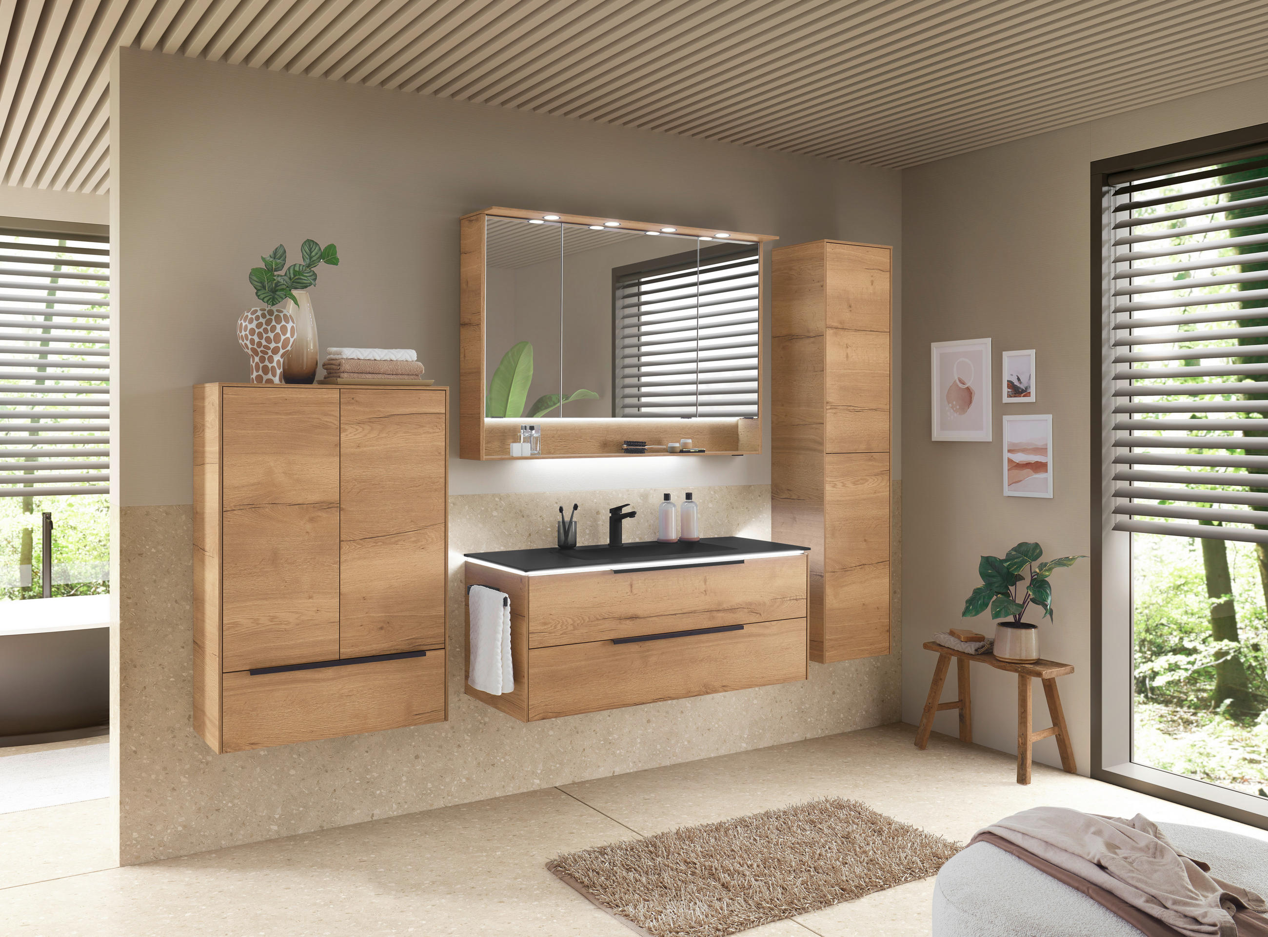 BADEZIMMER 4-teilig  in 123,2 cm  - Eichefarben/Schwarz, Design, Glas/Holzwerkstoff (123,2cm) - Musterring