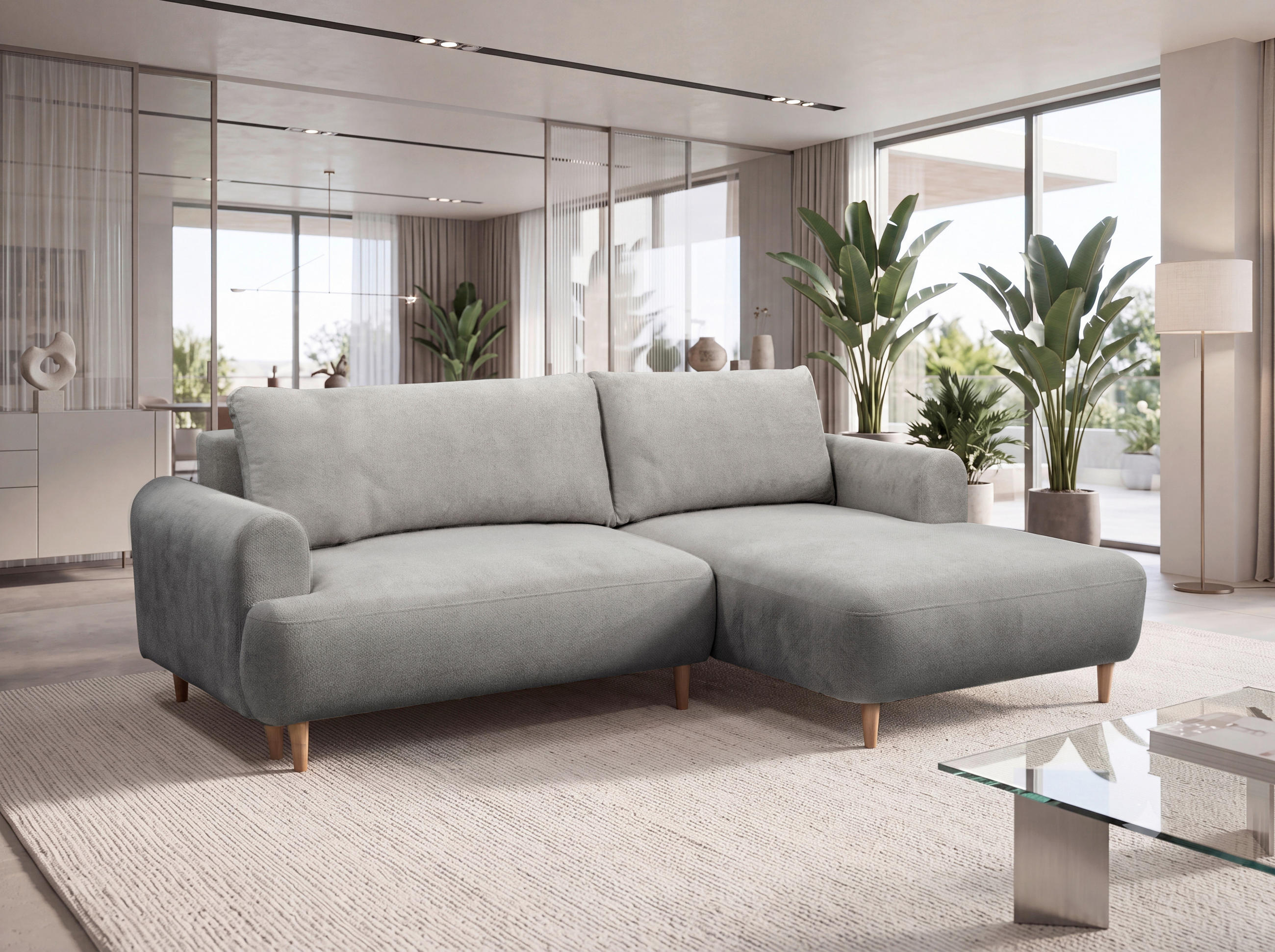 ECKSOFA VIRA in Struktur Grau Rückenkissen, Bettkasten, Liegefläche im Originalstoff  230/150 cm  - Naturfarben/Grau, Design, Holz/Textil (230/150cm) - MID.YOU