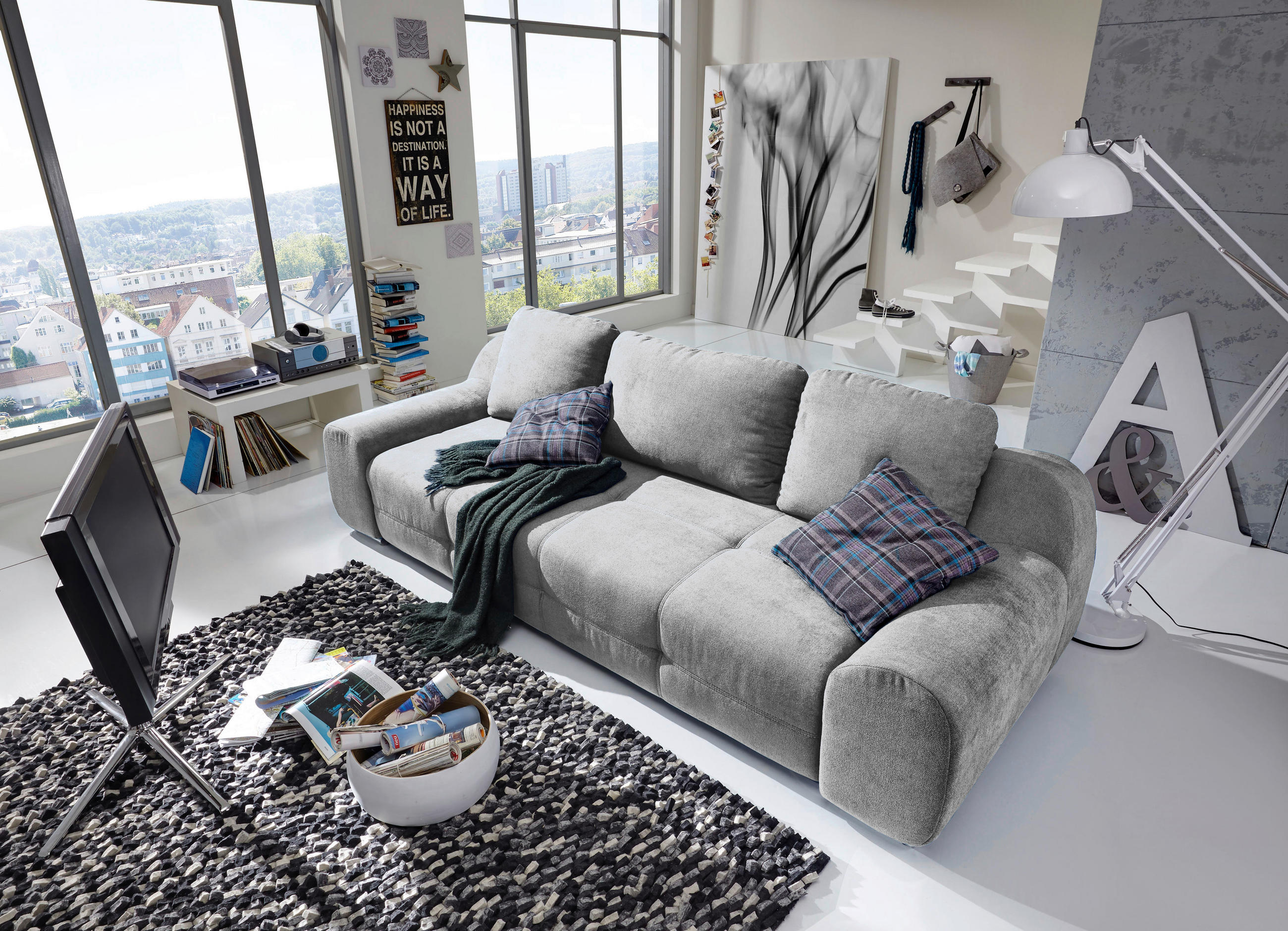 BIGSOFA in Flachgewebe Hellgrau  - Hellgrau, Basics, Textil/Metall (262/88/108cm) - Sit & More