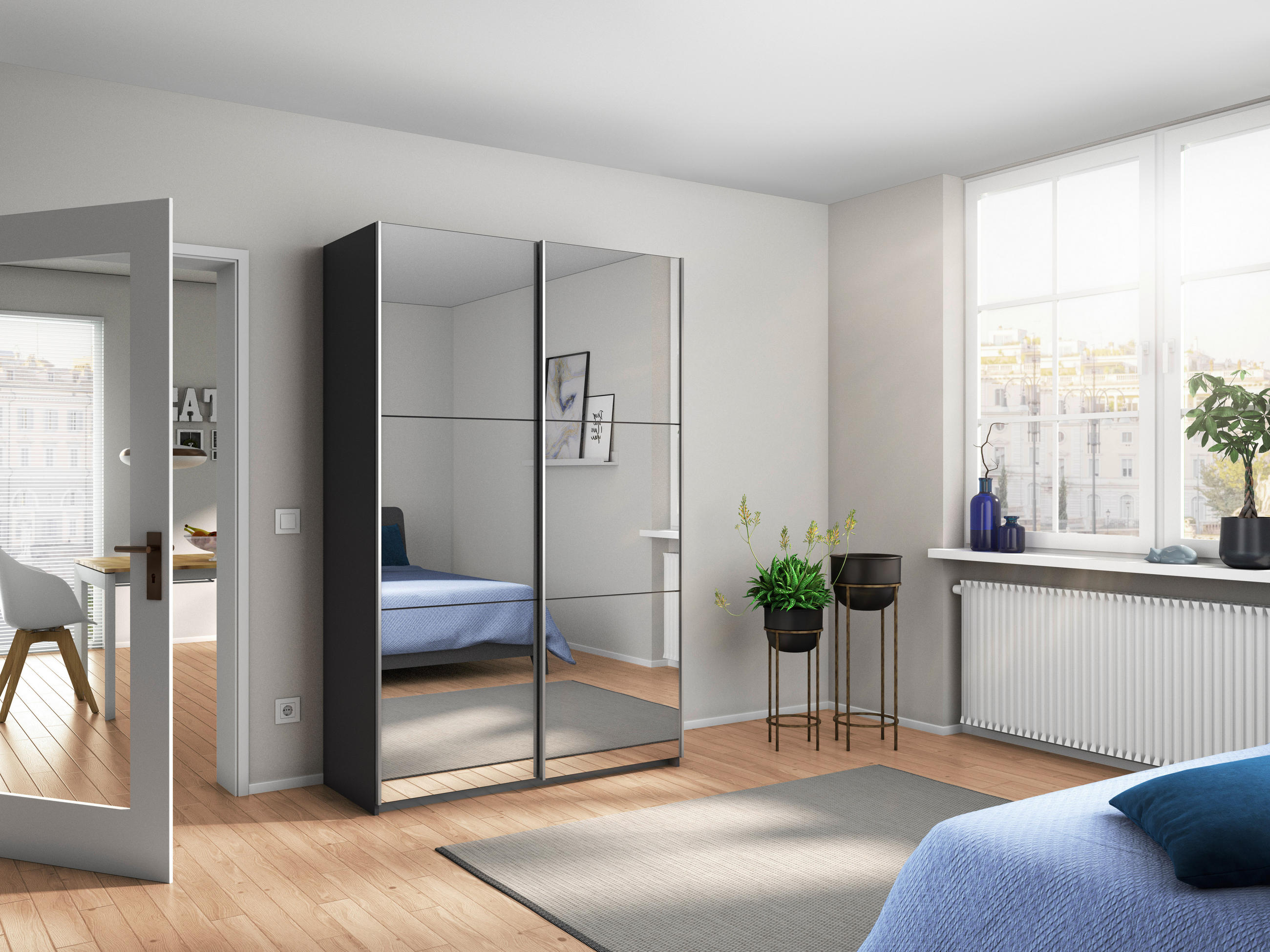 SCHWEBETÜRENSCHRANK 131/210/59 cm 2-türig Silberfarben, Graphitfarben  - Silberfarben/Alufarben, MODERN, Glas/Holzwerkstoff (131/210/59cm) - Rauch Möbel