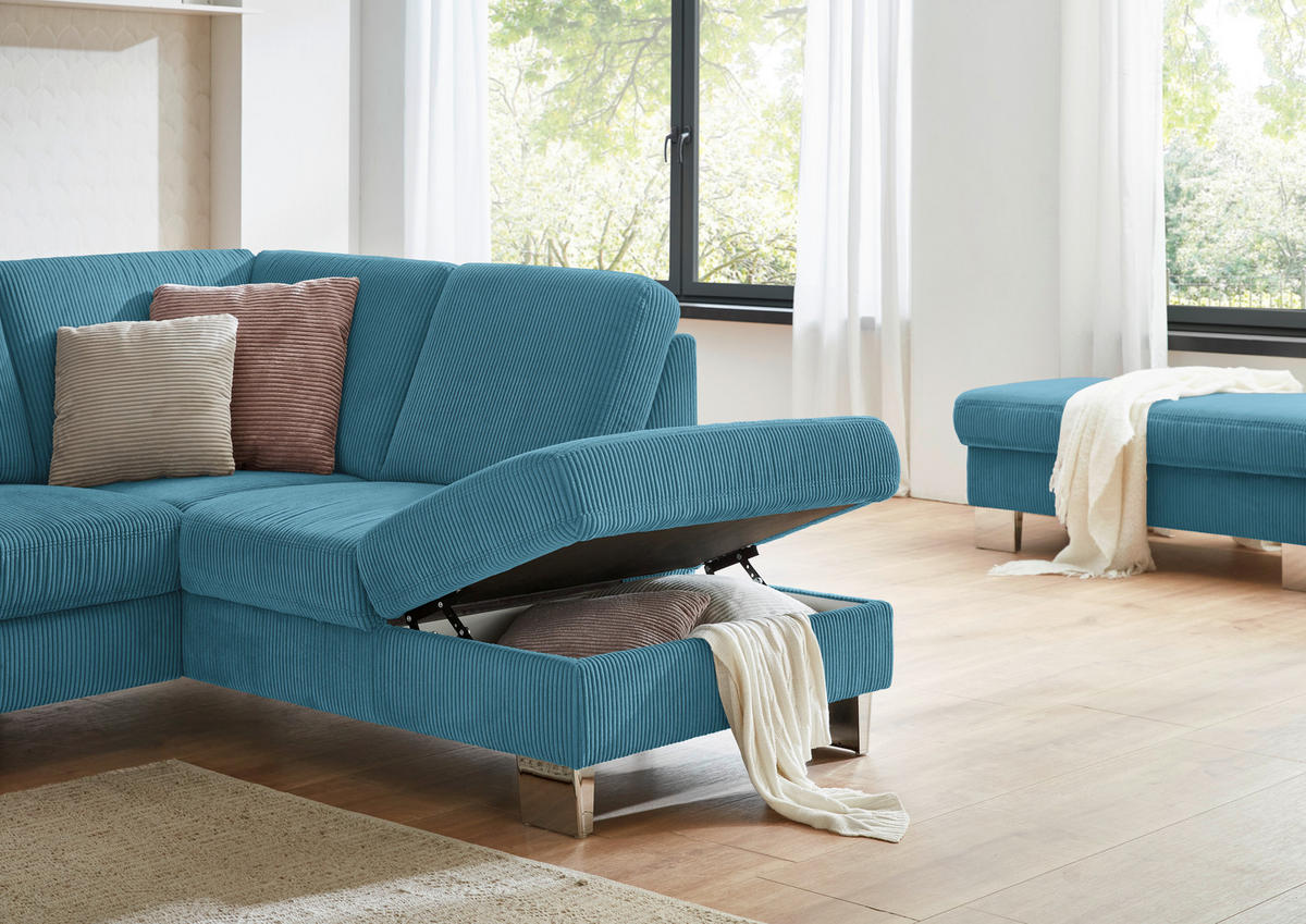 ECKSOFA in Cord Petrol  - Edelstahlfarben/Petrol, Konventionell, Textil/Metall (248/200cm) - Beldomo System