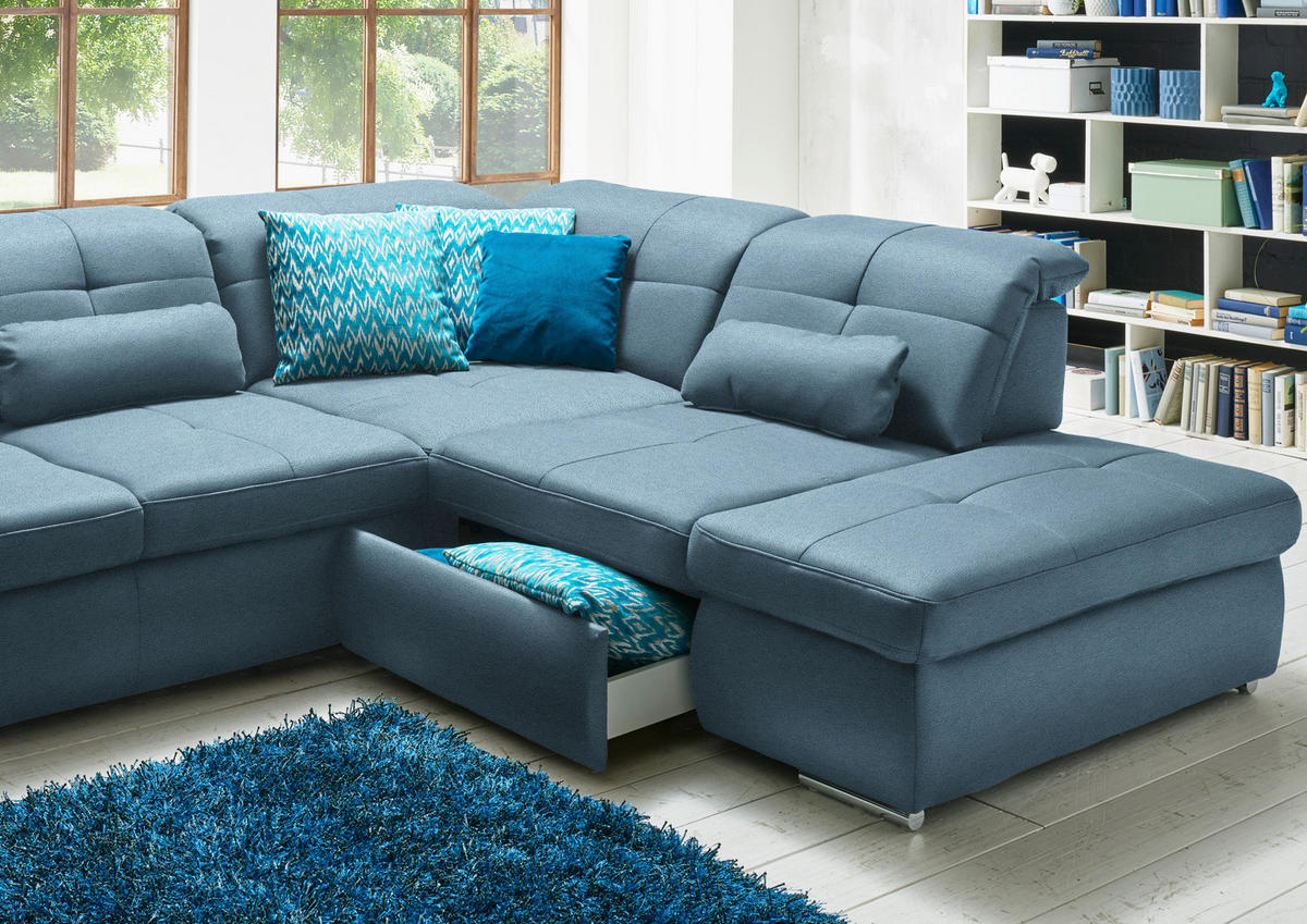 WOHNLANDSCHAFT Mikrofaser Hellblau  - Chromfarben/Hellblau, Design, Textil (195/371/260cm) - Beldomo Style