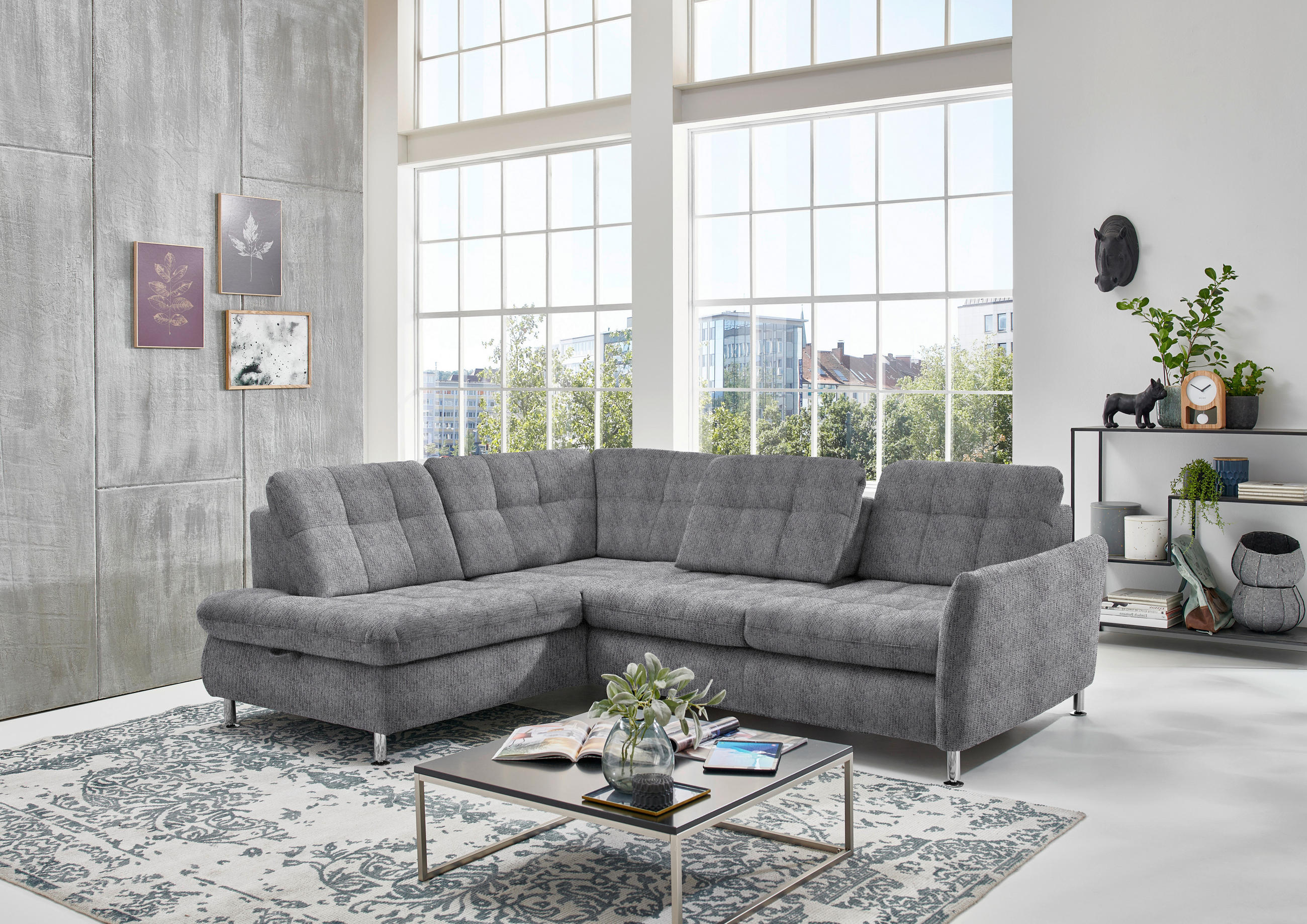 ECKSOFA Graubraun Webstoff  - Chromfarben/Graubraun, KONVENTIONELL, Textil/Metall (210/242cm) - Beldomo Style