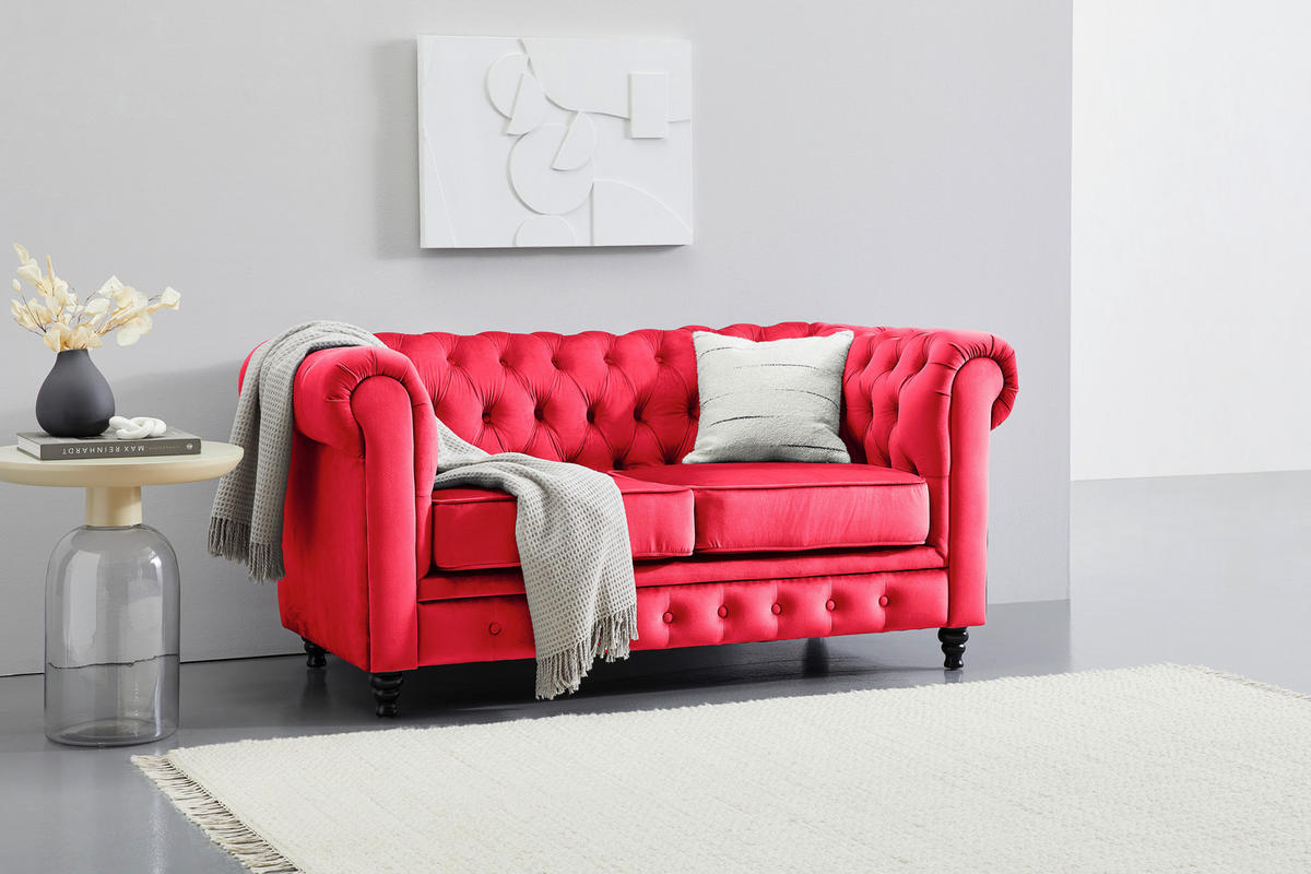 CHESTERFIELD-SOFA Samt Rot, Schwarz  - Rot/Schwarz, Trend, Holz/Textil (165/75/87cm) - Xora