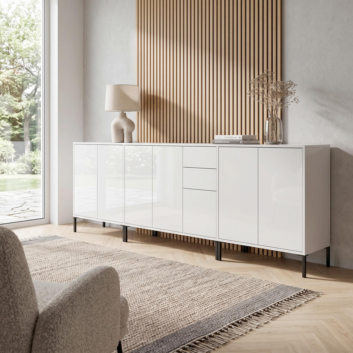 SIDEBOARD   - Weiß Hochglanz/Anthrazit, MODERN, Holzwerkstoff/Metall (263,5/86/33cm) - MID.YOU