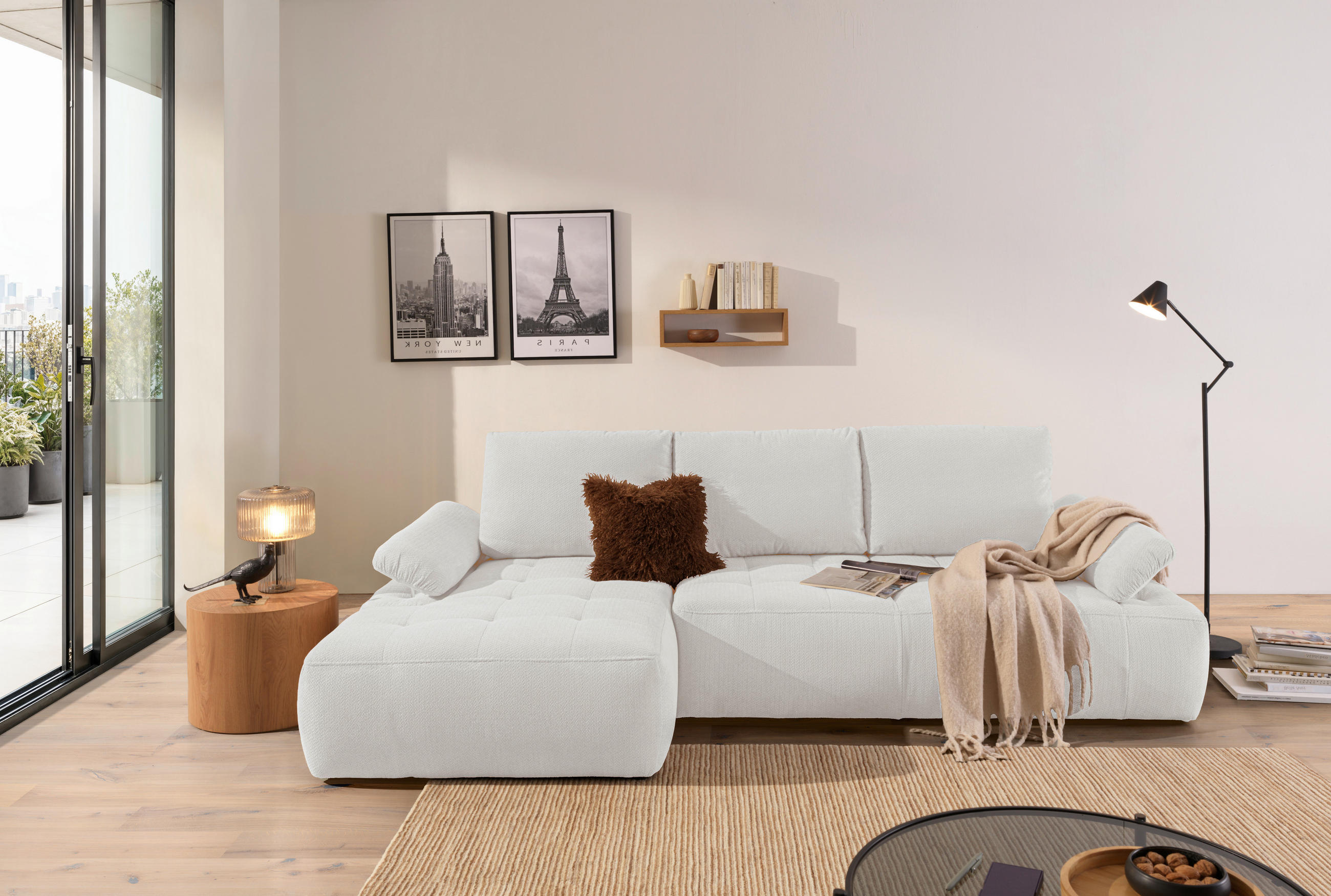 Thumbnail - Carryhome Ecksofa, Weiß, Textil, 3-Sitzer, Füllung: Schaumstoff, Ottomane links, L-Form, 282x162 cm, Liegefunktion, seit...