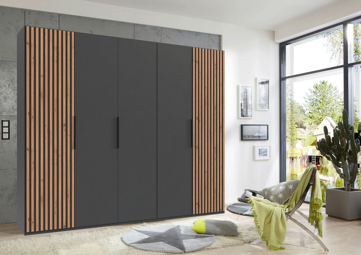 DREHTÜRENSCHRANK 250/216/58 cm 5-türig Graphitfarben, Eichefarben  - Eichefarben/Graphitfarben, MODERN, Holzwerkstoff/Metall (250/216/58cm) - MID.YOU