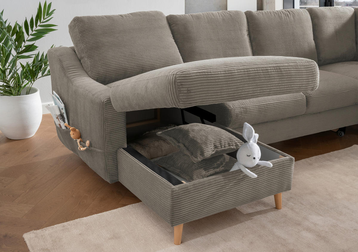 WOHNLANDSCHAFT Cord Graubraun  - Graubraun/Naturfarben, Konventionell, Holz/Textil (150/301/200cm) - P & B