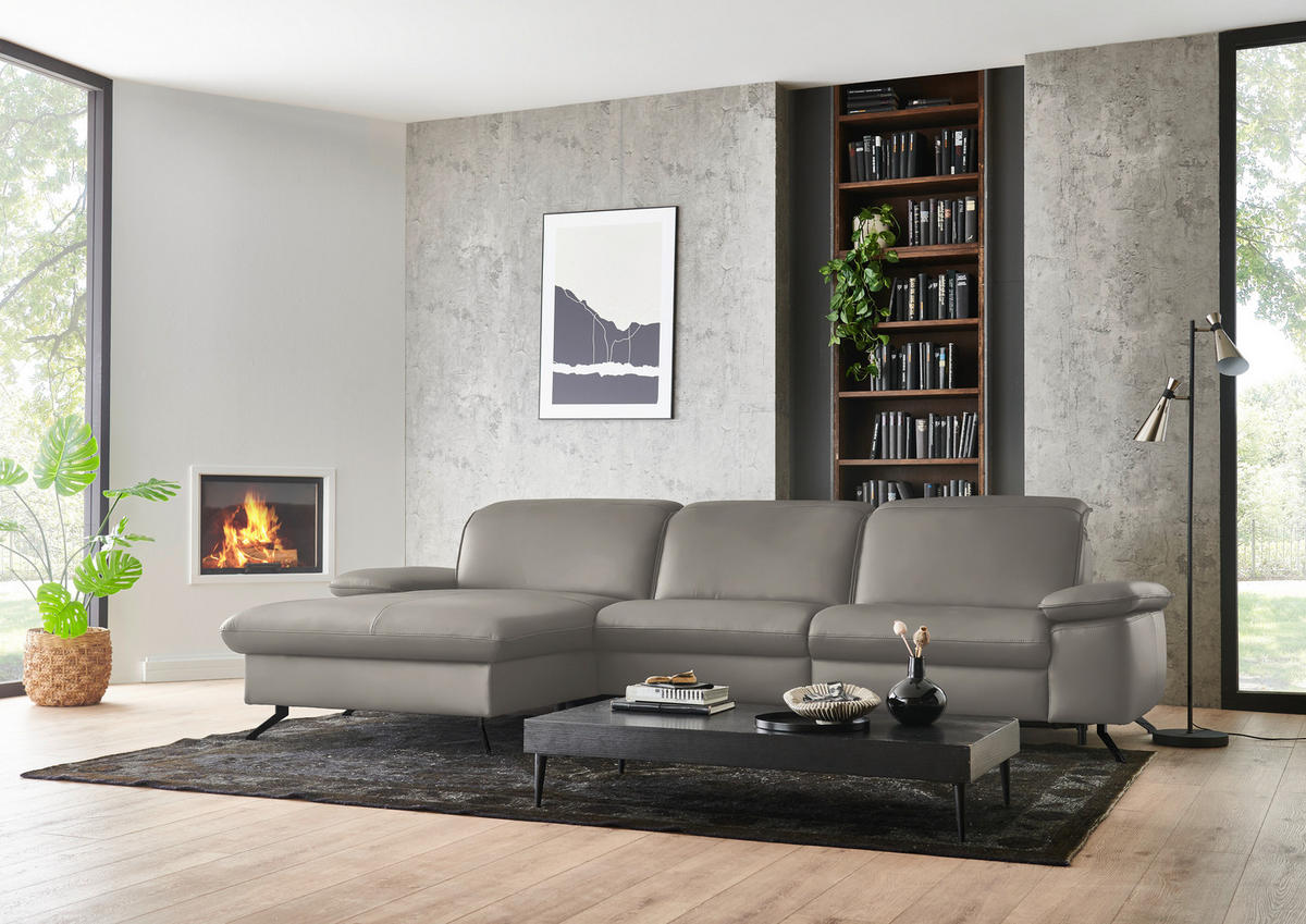 ECKSOFA  Echtleder Grau  - Schwarz/Grau, Design, Leder/Metall (169/307cm) - Beldomo Premium