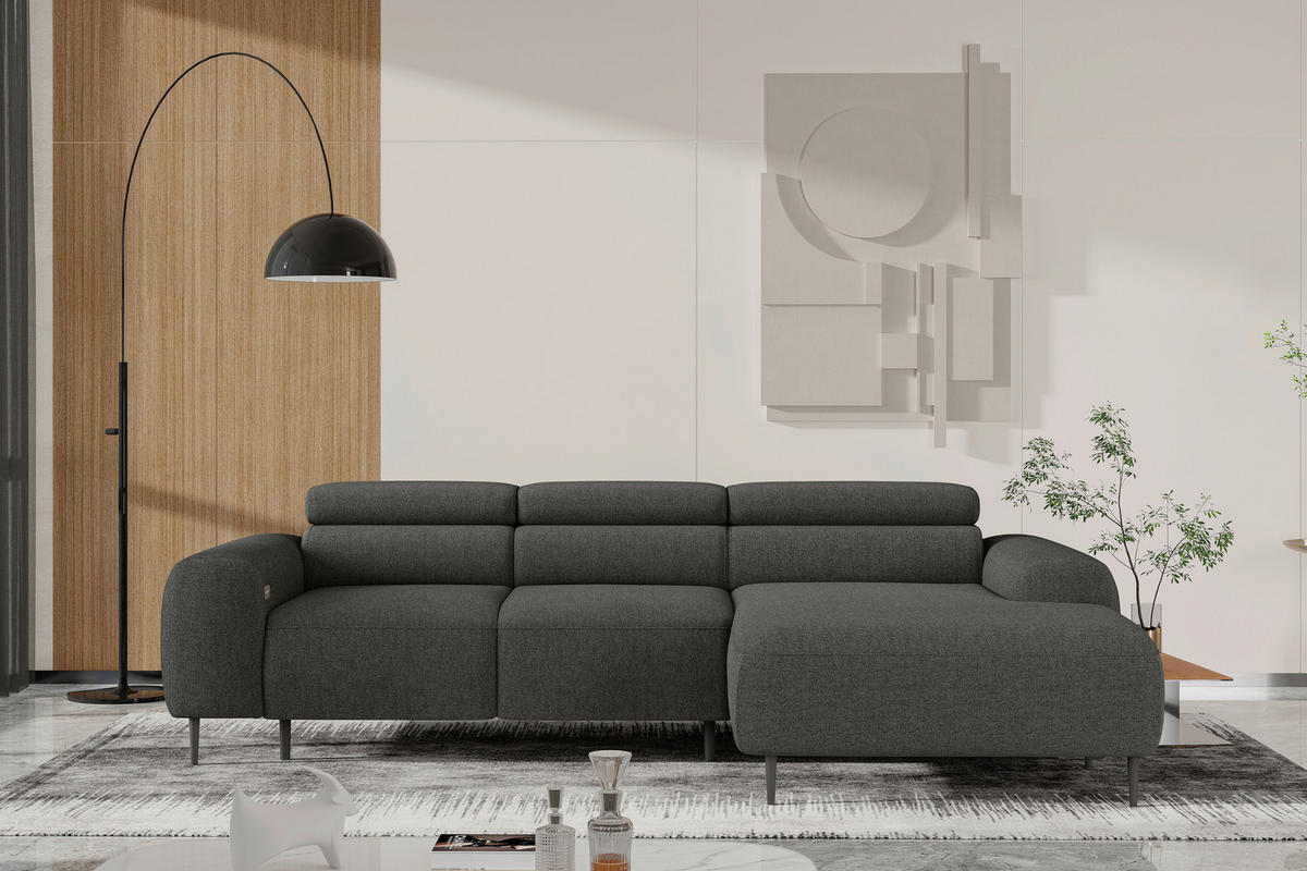 ECKSOFA Anthrazit Struktur Rücken echt, Kopfteilverstellung, Sitztiefenverstellung  - Anthrazit/Schwarz, MODERN, Textil/Metall (274/179cm) - Welnova