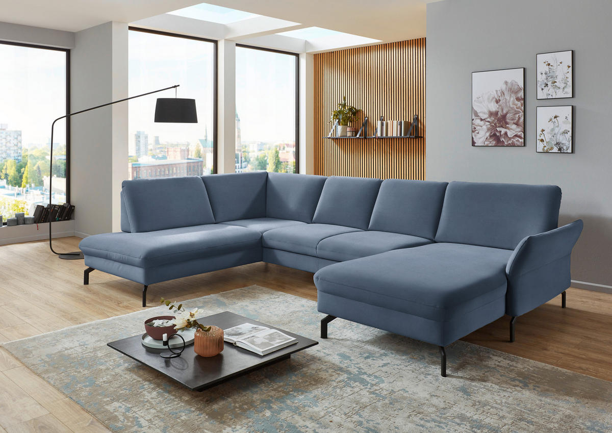 WOHNLANDSCHAFT in Velours Hellblau  - Schwarz/Hellblau, Design, Textil/Metall (220/335/179cm) - Beldomo System