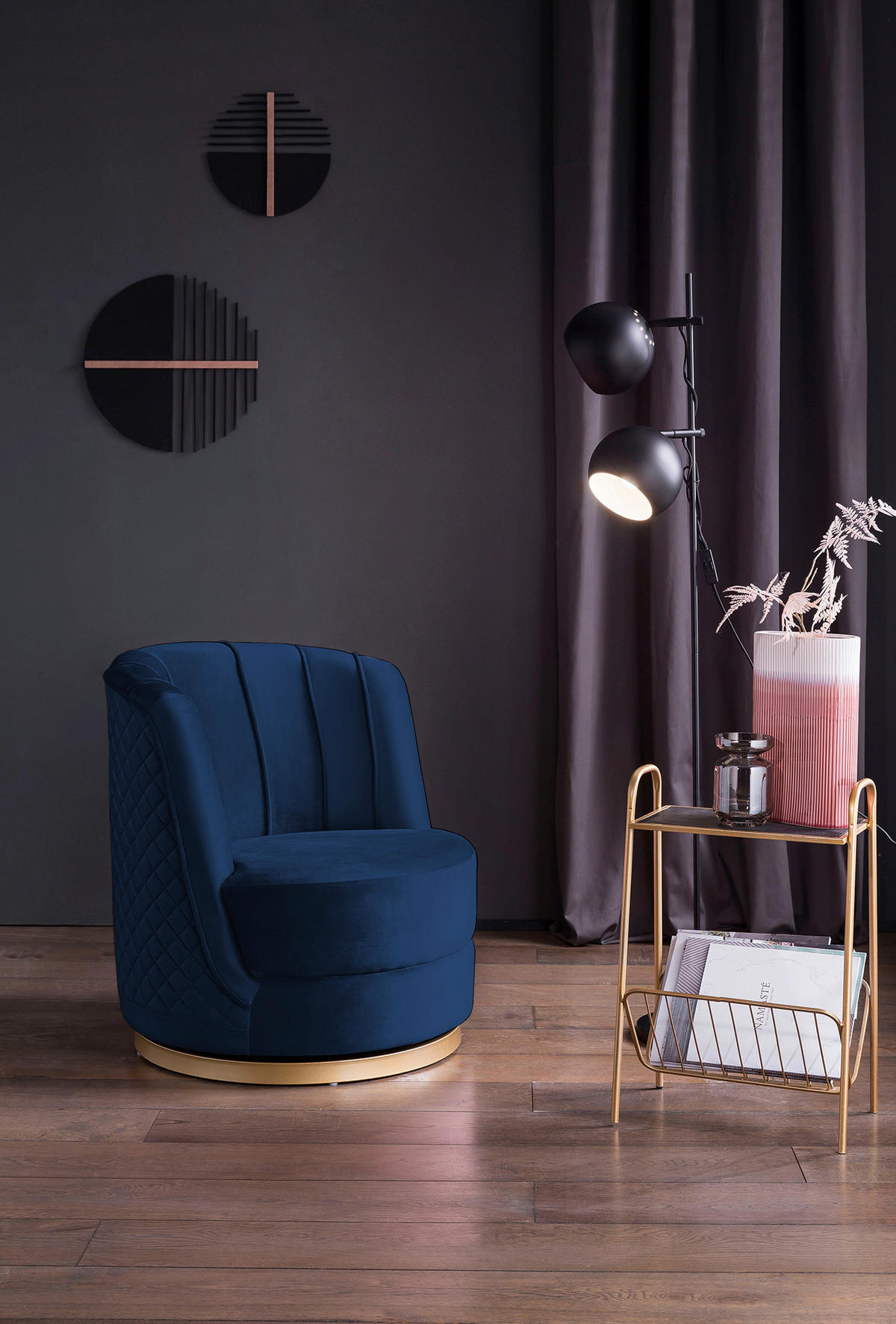 SESSEL in Samt Dunkelblau  - Goldfarben/Dunkelblau, MODERN, Textil/Metall (68/77/57cm) - Livetastic