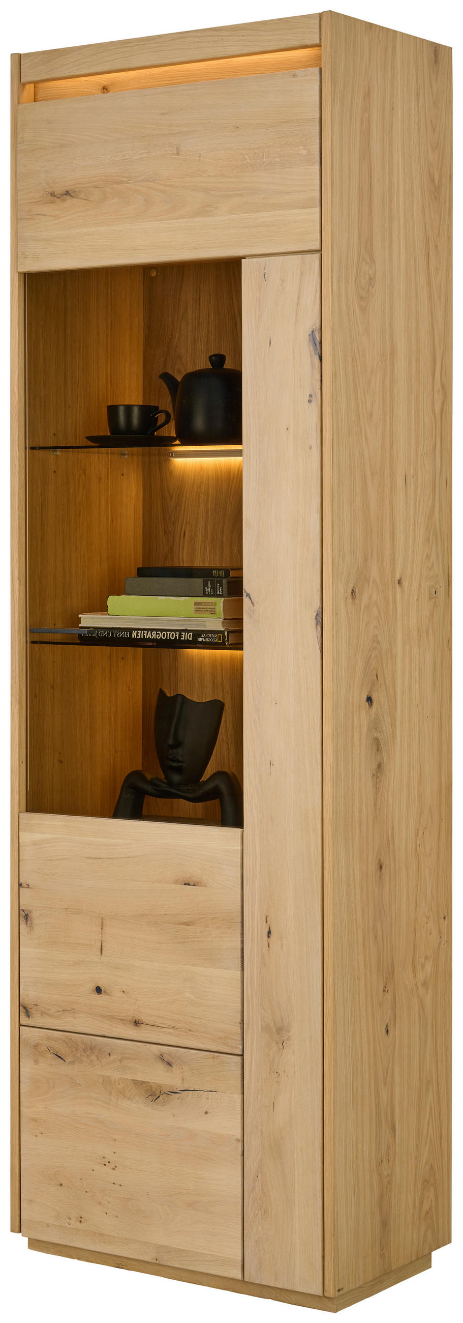 VITRINE  in furniert, massiv Kerneiche Eichefarben - Eichefarben, Natur, Glas/Holz (64,4/201,9/37cm) - Linea Natura