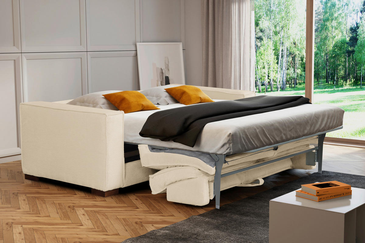 SCHLAFSOFA Cord Creme  - Dunkelbraun/Creme, Design, Holz/Textil (203/85/99cm) - MID.YOU