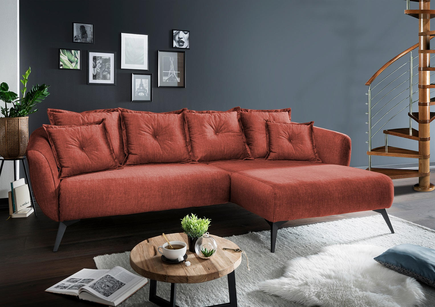 ECKSOFA Koralle Velours  - Koralle/Schwarz, MODERN, Holz/Textil (277/162cm) - Livetastic