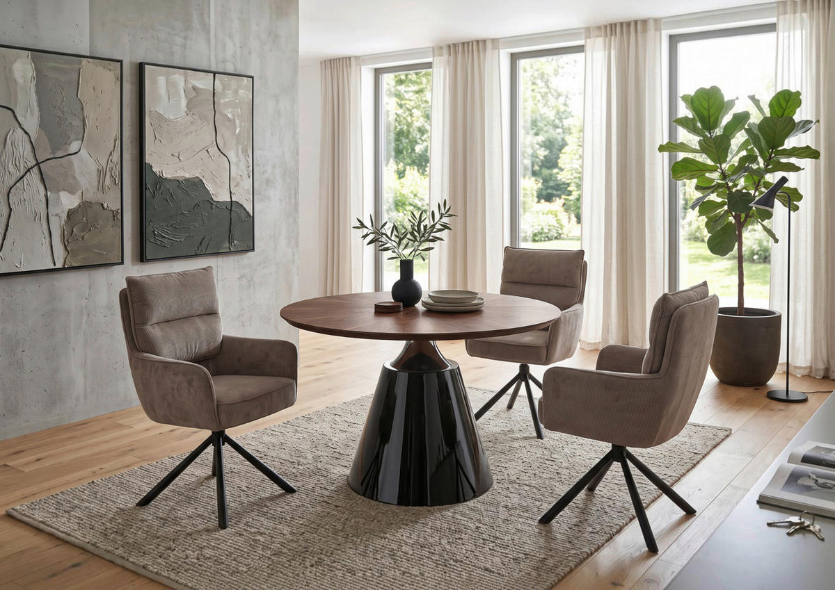 ESSTISCH 120/120/75 cm teilmassiv  Holz, Metall rund Walnussfarben  - Schwarz Hochglanz/Walnussfarben, Design, Holz/Metall (120/120/75cm) - Novel