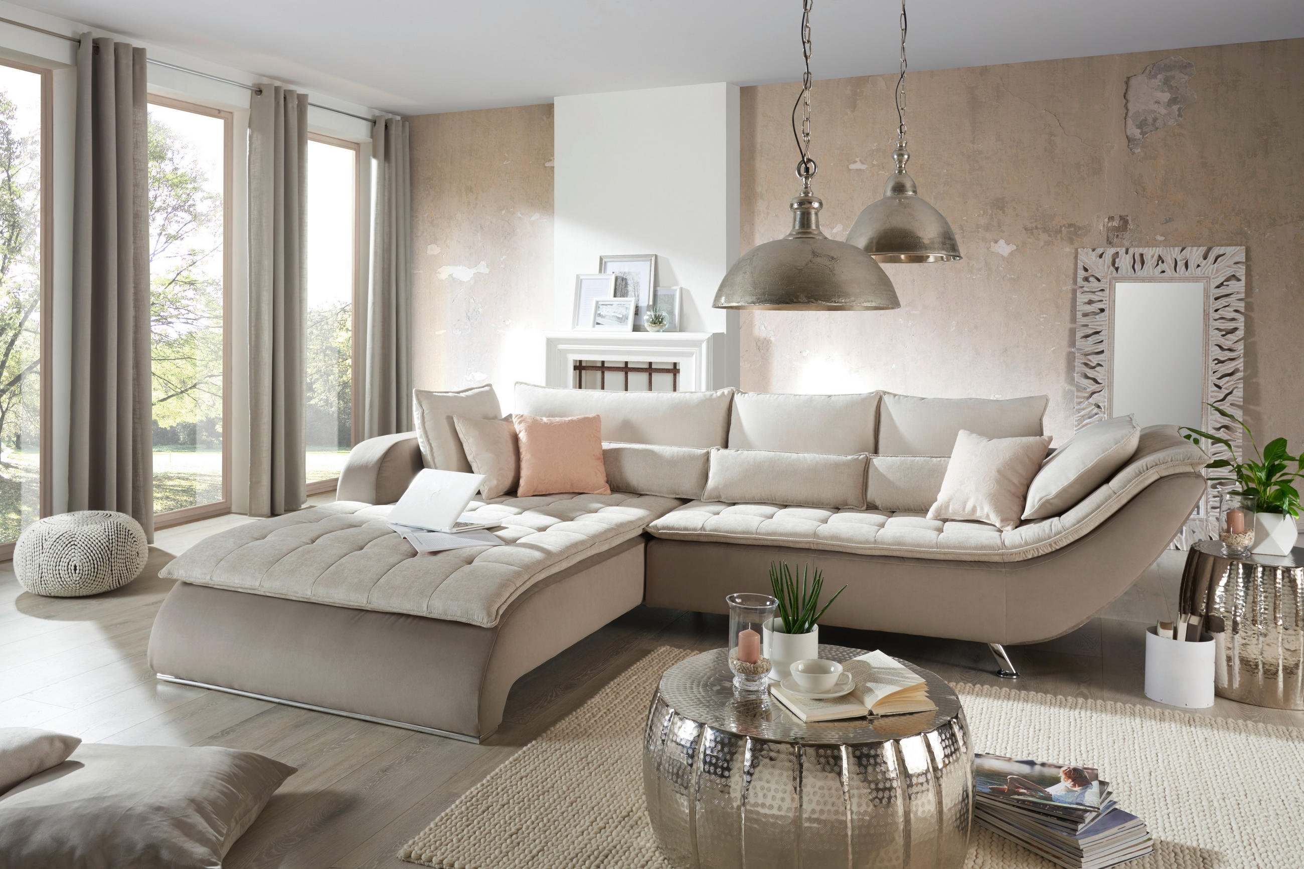 HÖRNSOFFA i vävt tyg taupe, beige  - beige/sandfärgad, Design, metall/textil (220/300cm) - Livetastic