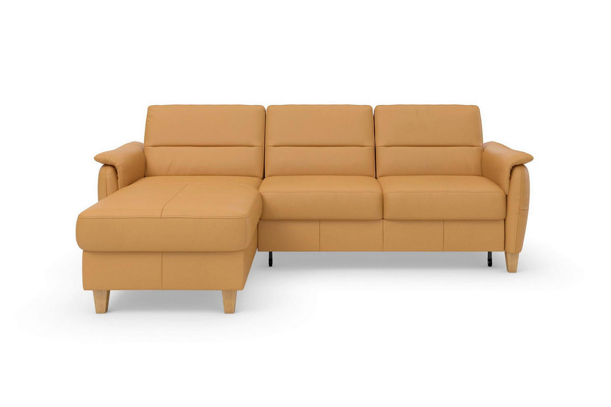 ECKSOFA PALMERA E Currygelb Kombination Echtleder/Stoff Mikrofaser Bettkasten  - Currygelb/Eichefarben, Basics, Leder/Holz (163/244cm) - Sit & More