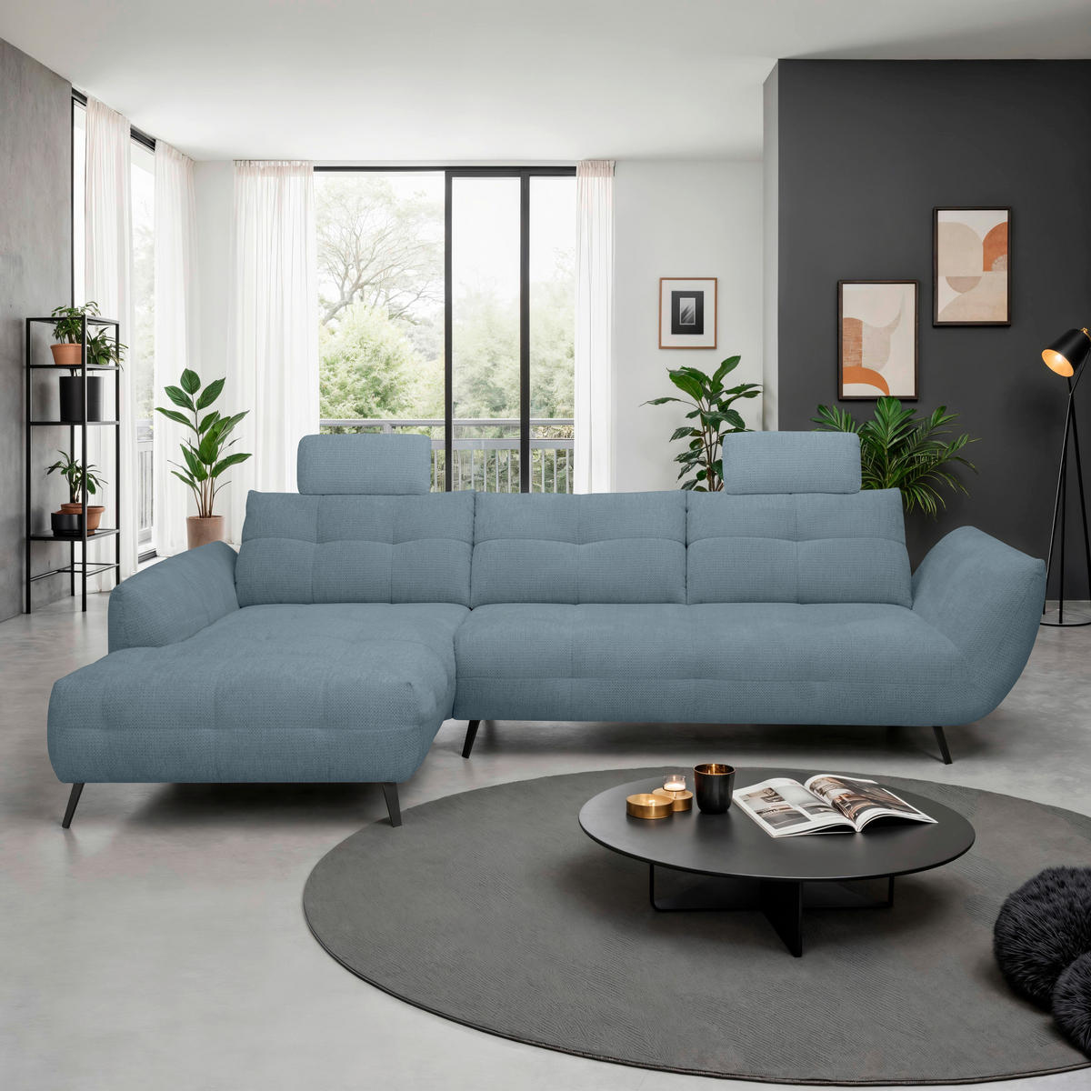 ECKSOFA Blaugrau Chenille Armlehnenkissen, Rücken echt, Sitztiefenverstellung  - Blaugrau/Schwarz, KONVENTIONELL, Textil/Metall (215/313cm) - Hom`in