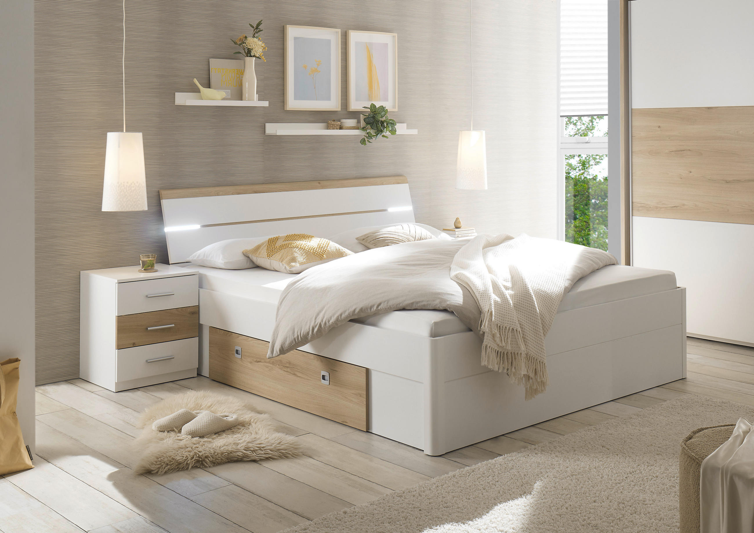 SCHLAFZIMMER Weiß, Eichefarben  - Eichefarben/Weiß, MODERN, Holzwerkstoff - Livetastic