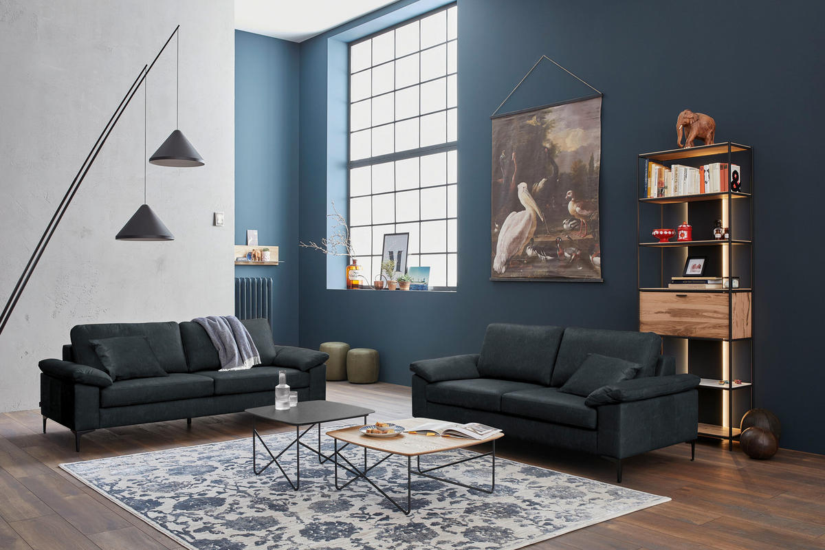 3-SITZER-SOFA  in Echtleder Dunkelblau   - Schwarz/Dunkelblau, Design, Leder/Metall (224/86/97cm) - Schöner Wohnen