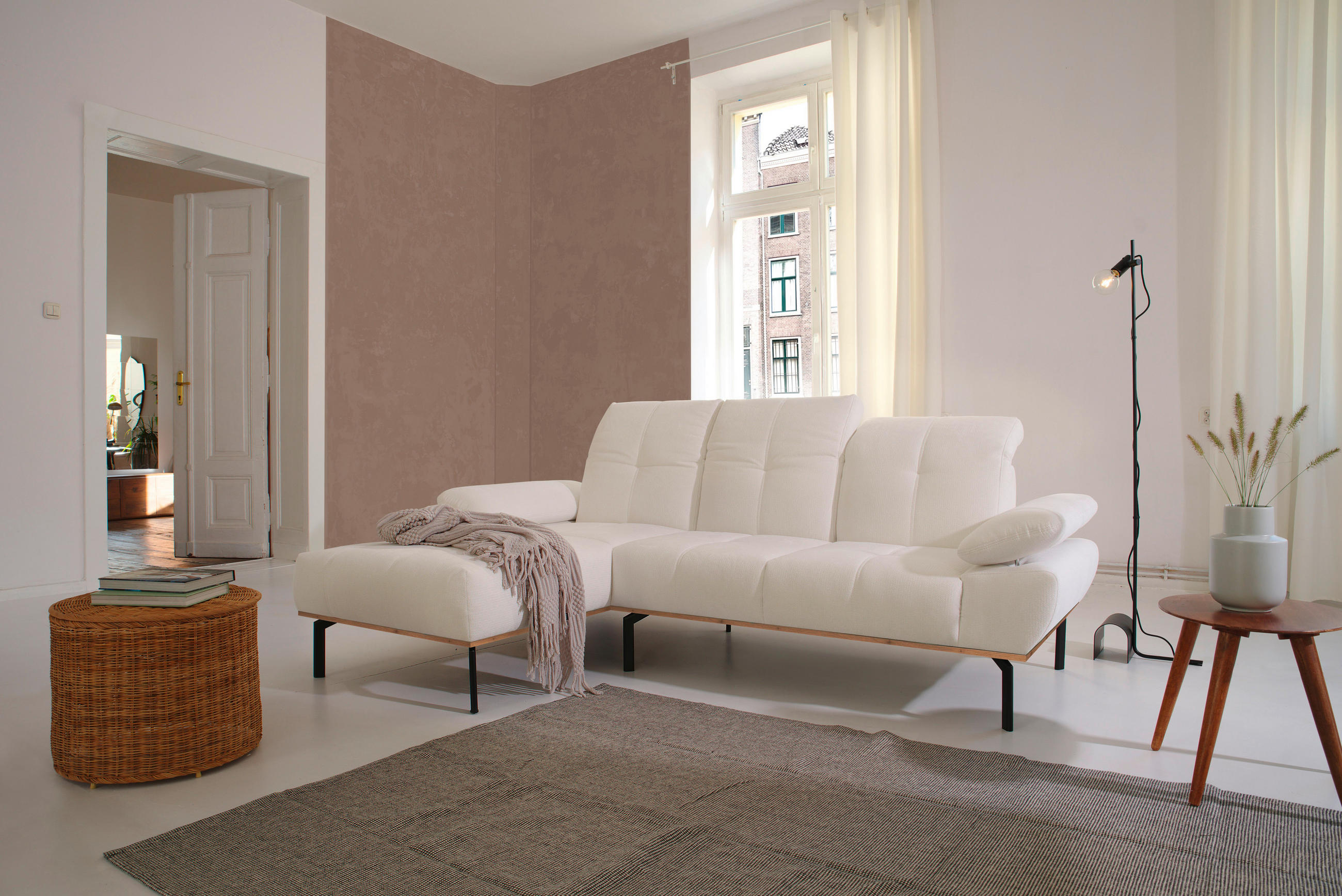 ECKSOFA Weiß Mikrofaser  - Wildeiche/Schwarz, Design, Textil/Metall (242/170cm) - MID.YOU