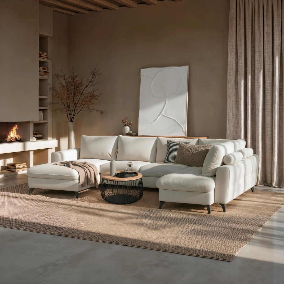 WOHNLANDSCHAFT Beige Chenille  - Beige/Schwarz, KONVENTIONELL, Textil/Metall (160/340/188cm) - Xora