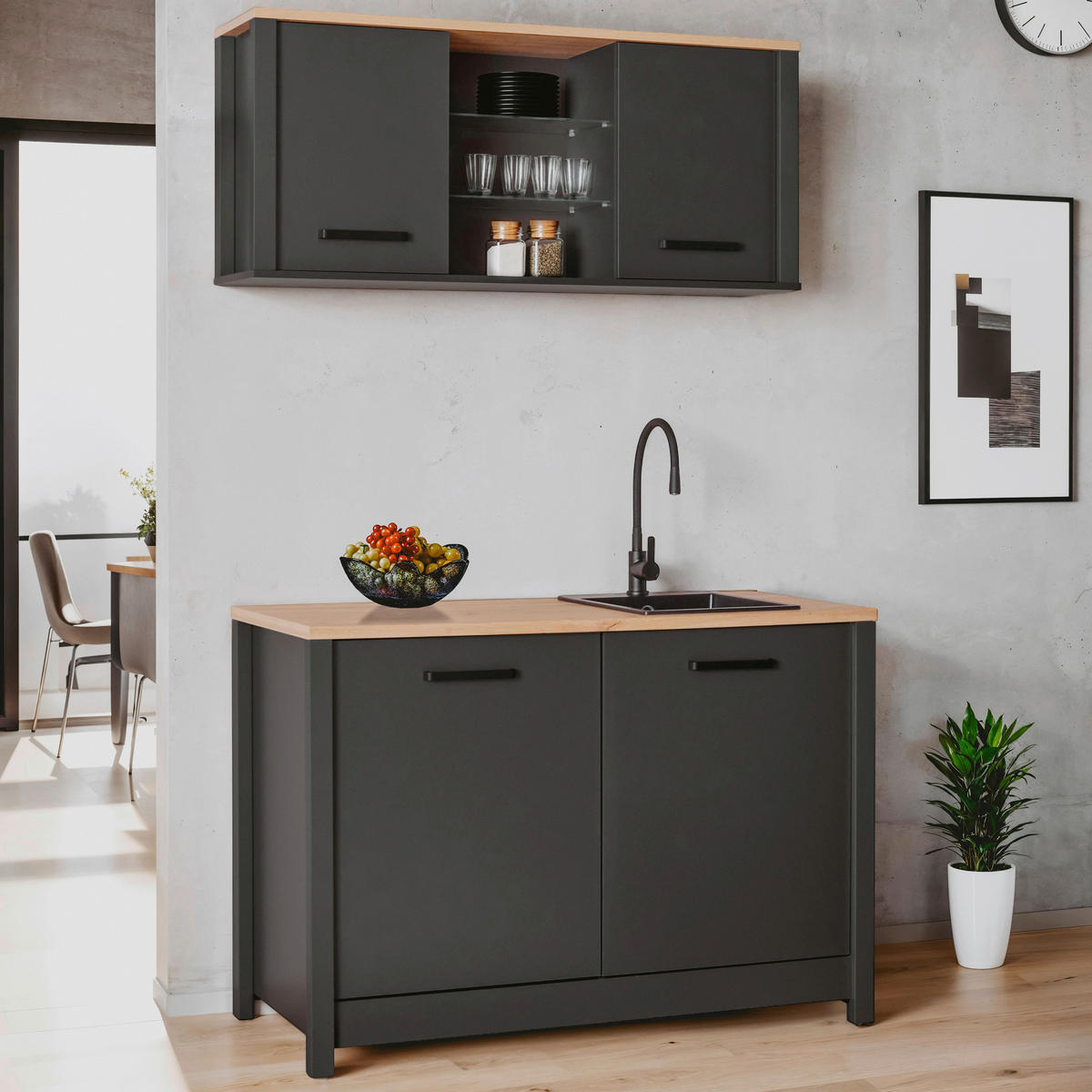 MINIKÜCHE 130 cm   in Anthrazit, Eiche Artisan  - Anthrazit/Schwarz, MODERN, Glas/Holzwerkstoff (130cm) - home24